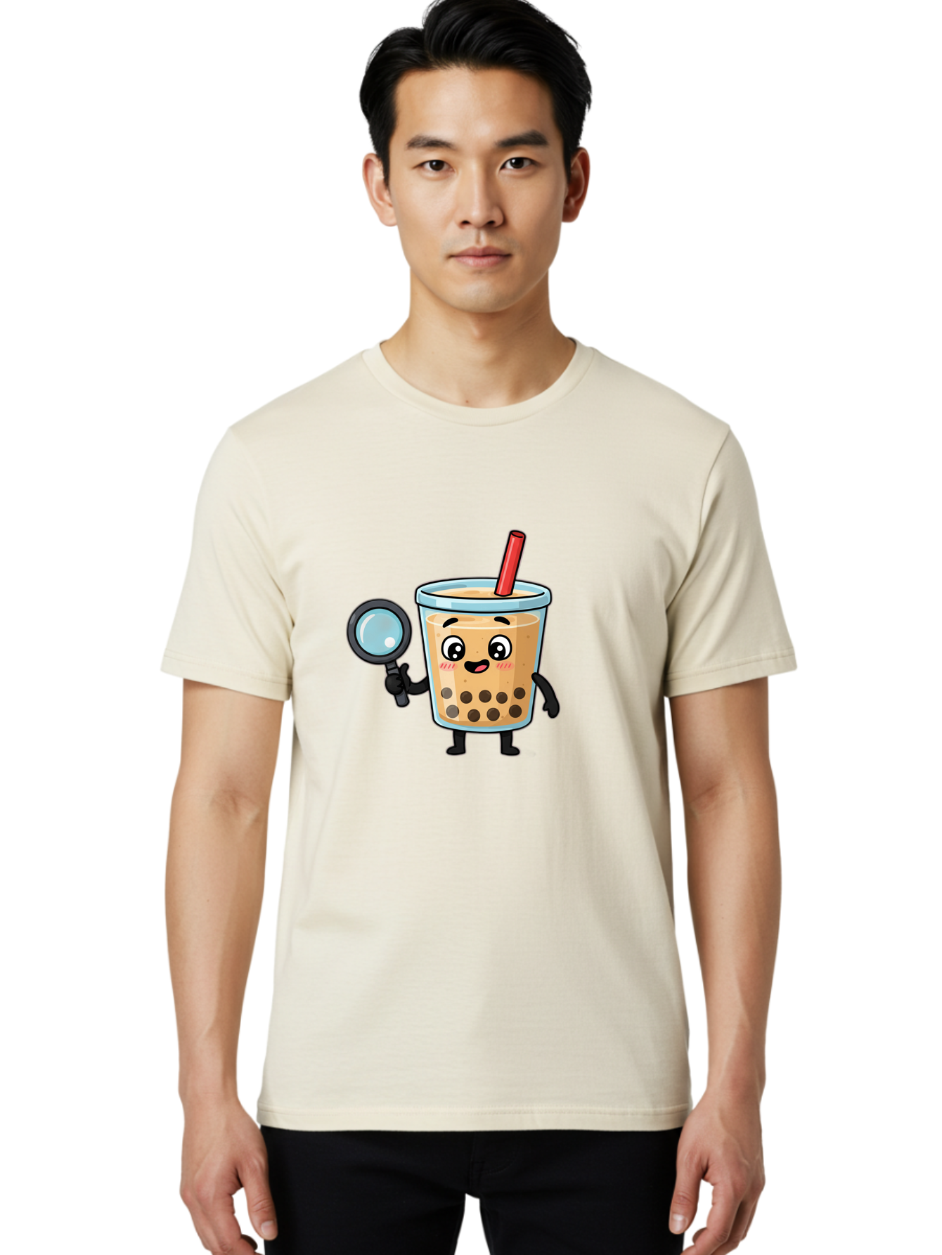 Boba-Tea-8 Men'S Graphic Tee, 100% Cotton, Comfortable Casual Summer Wear, Machine Washable, Boba Tea Character, Cartoon Bubble Tea, Kawaii Boba, Magnifying Glass, Detective Tea, Cute Drink, Bubble Tea Mascot, Tea With Straw, Bac666