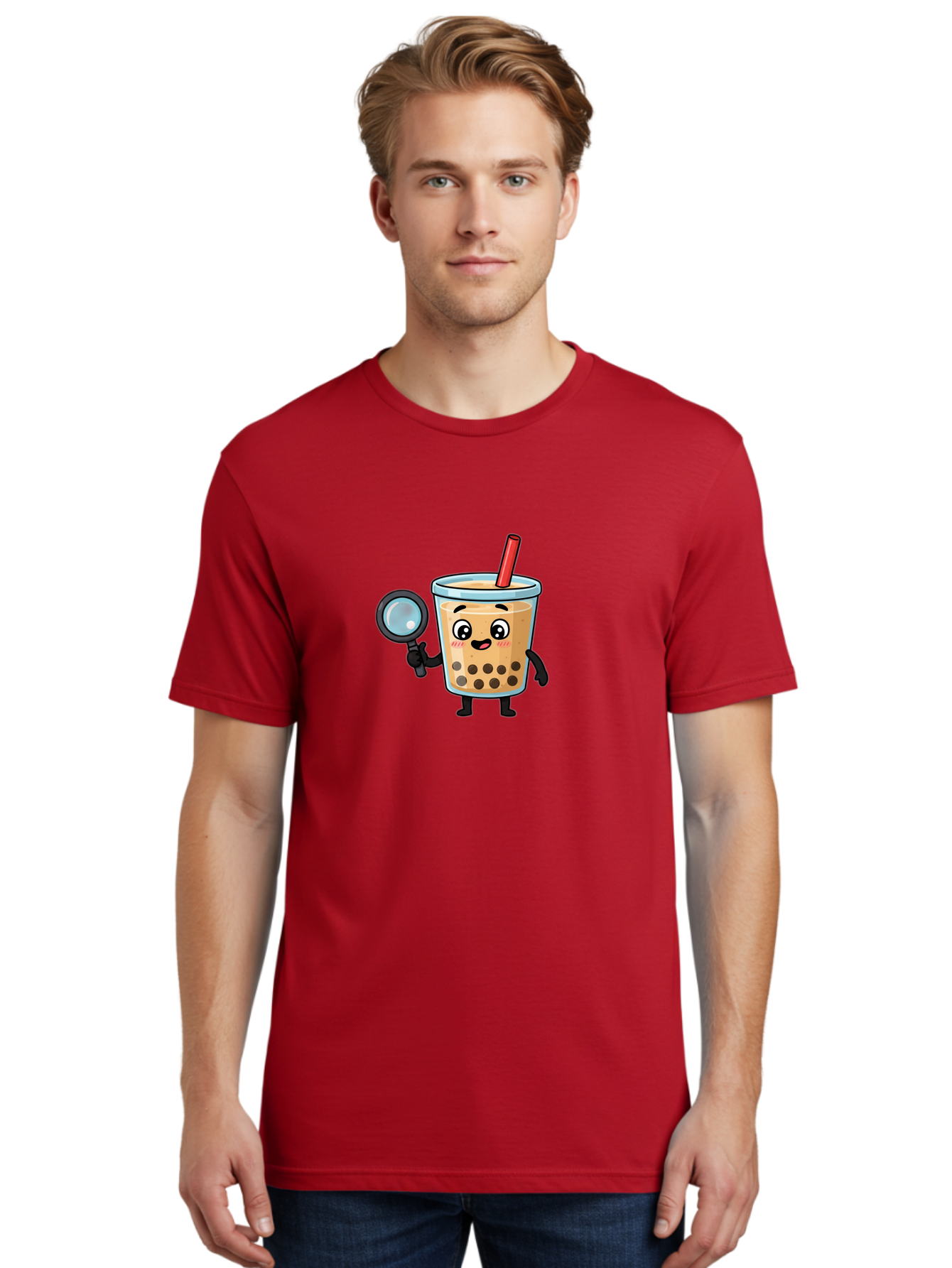 Boba-Tea-8 Men'S Graphic Tee, 100% Cotton, Comfortable Casual Summer Wear, Machine Washable, Boba Tea Character, Cartoon Bubble Tea, Kawaii Boba, Magnifying Glass, Detective Tea, Cute Drink, Bubble Tea Mascot, Tea With Straw, Bac666