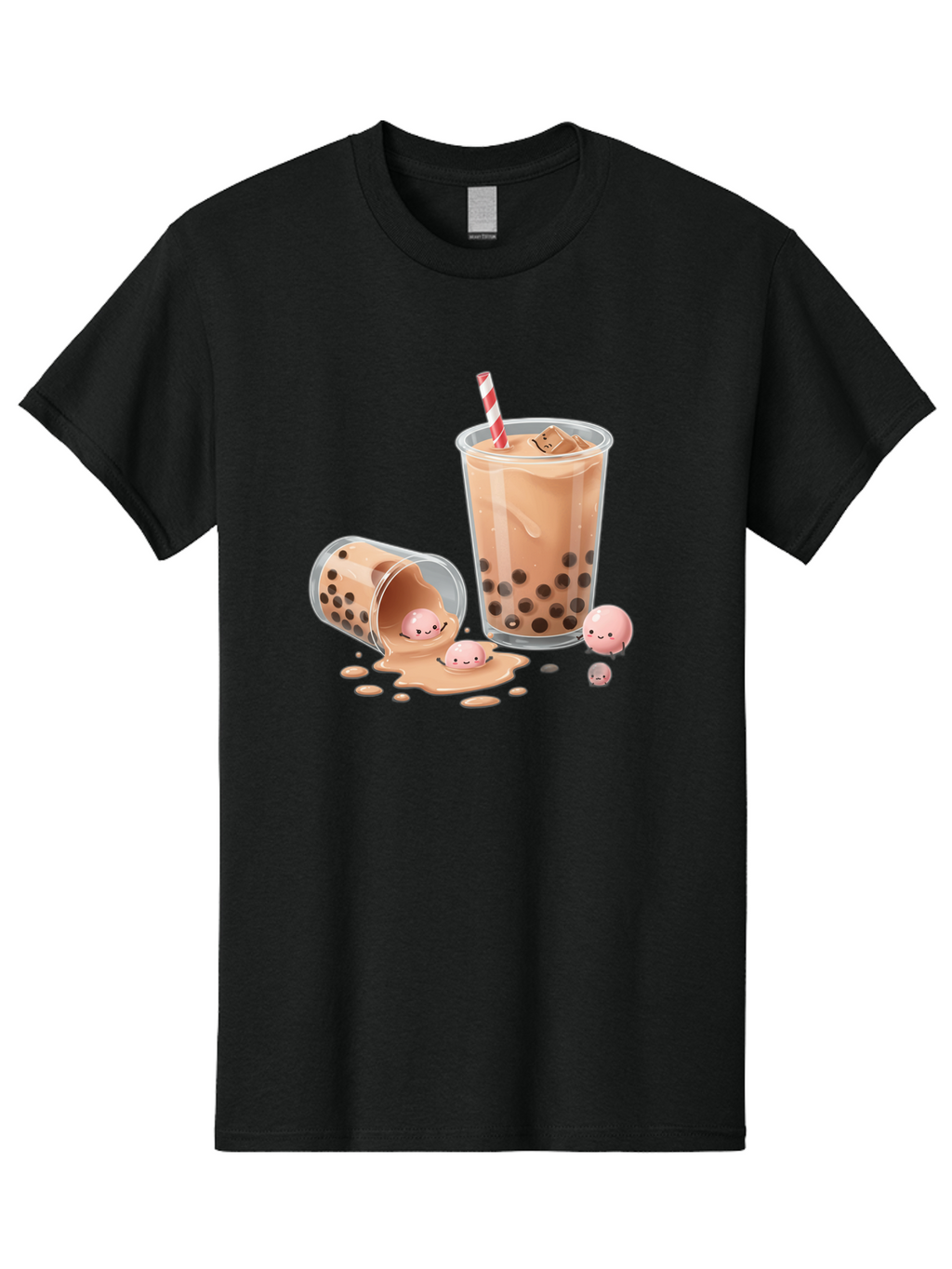 Boba-Tea-9 Men'S Graphic Tee, 100% Cotton, Comfortable Casual Summer Wear, Machine Washable, Boba Tea, Milk Tea, Bubble Tea, Tea Drink, Straw, Tapioca Pearls, Spilled Drink, Kawaii, Cute, Cartoon, Smiling Boba Bac667