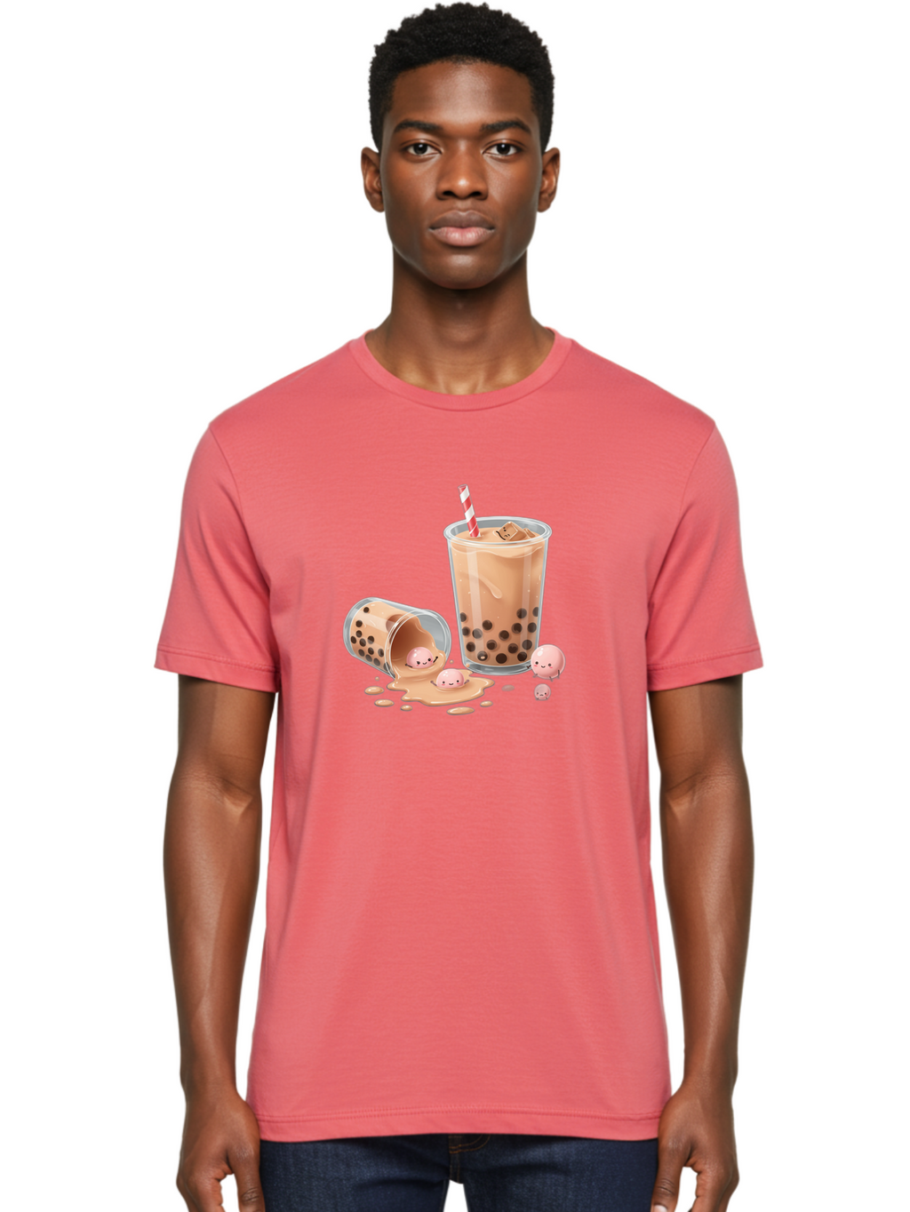 Boba-Tea-9 Men'S Graphic Tee, 100% Cotton, Comfortable Casual Summer Wear, Machine Washable, Boba Tea, Milk Tea, Bubble Tea, Tea Drink, Straw, Tapioca Pearls, Spilled Drink, Kawaii, Cute, Cartoon, Smiling Boba Bac667