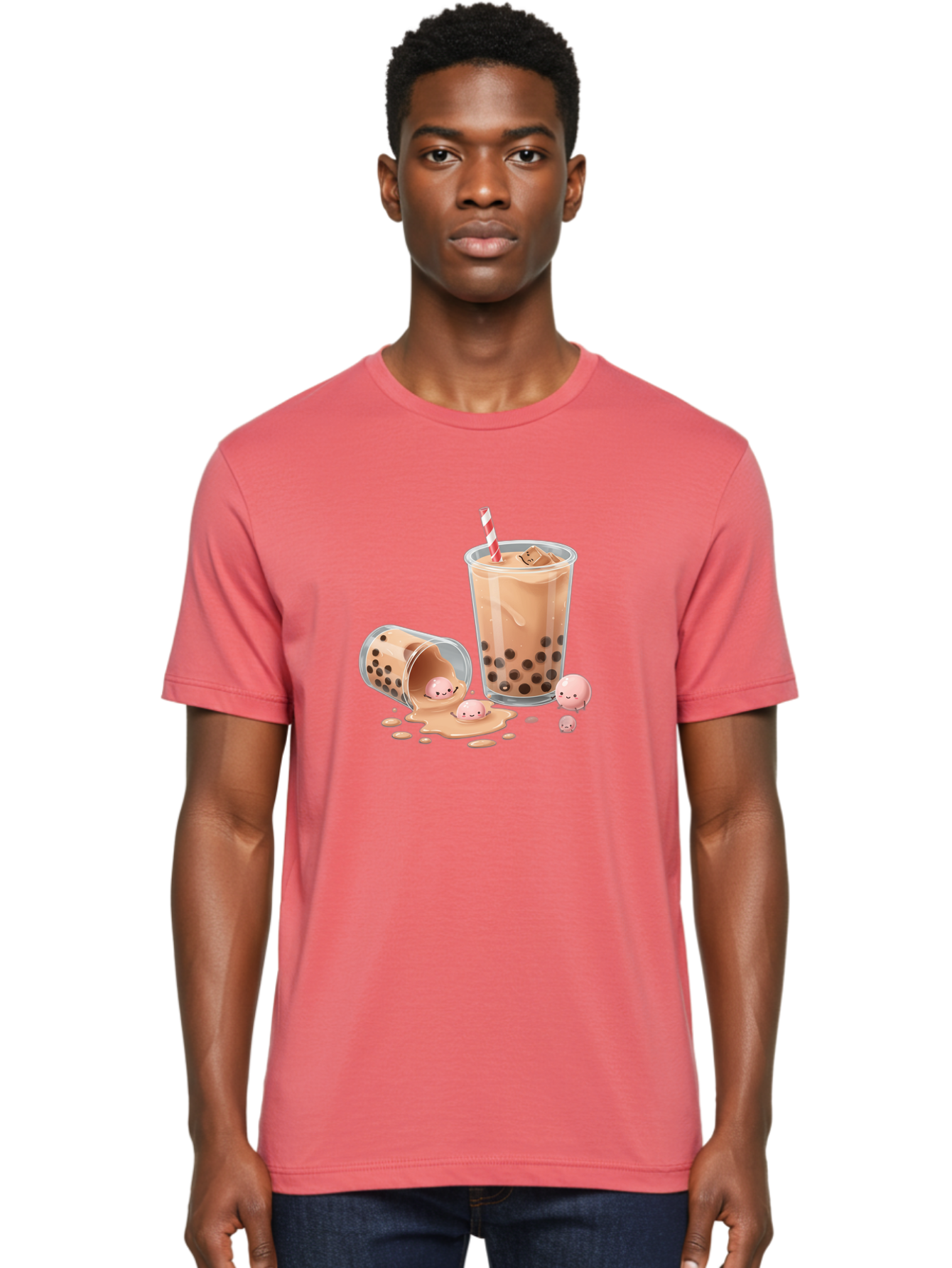 Boba-Tea-9 Men'S Graphic Tee, 100% Cotton, Comfortable Casual Summer Wear, Machine Washable, Boba Tea, Milk Tea, Bubble Tea, Tea Drink, Straw, Tapioca Pearls, Spilled Drink, Kawaii, Cute, Cartoon, Smiling Boba Bac667