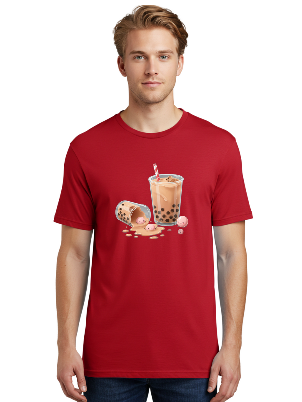 Boba-Tea-9 Men'S Graphic Tee, 100% Cotton, Comfortable Casual Summer Wear, Machine Washable, Boba Tea, Milk Tea, Bubble Tea, Tea Drink, Straw, Tapioca Pearls, Spilled Drink, Kawaii, Cute, Cartoon, Smiling Boba Bac667
