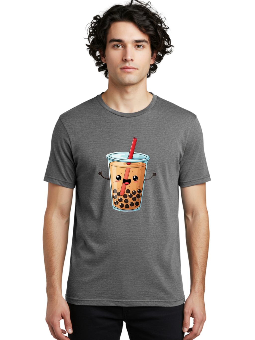 Boba-Tea-Cartoon Men'S Graphic Tee, 100% Cotton, Comfortable Casual Summer Wear, Machine Washable, Cartoon Bubble Tea, Boba Drink, Milk Tea With Straw, Cute Beverage, Fun Character, Kawaii Culture, Asian Drink, Trendy Refreshment, Bac668