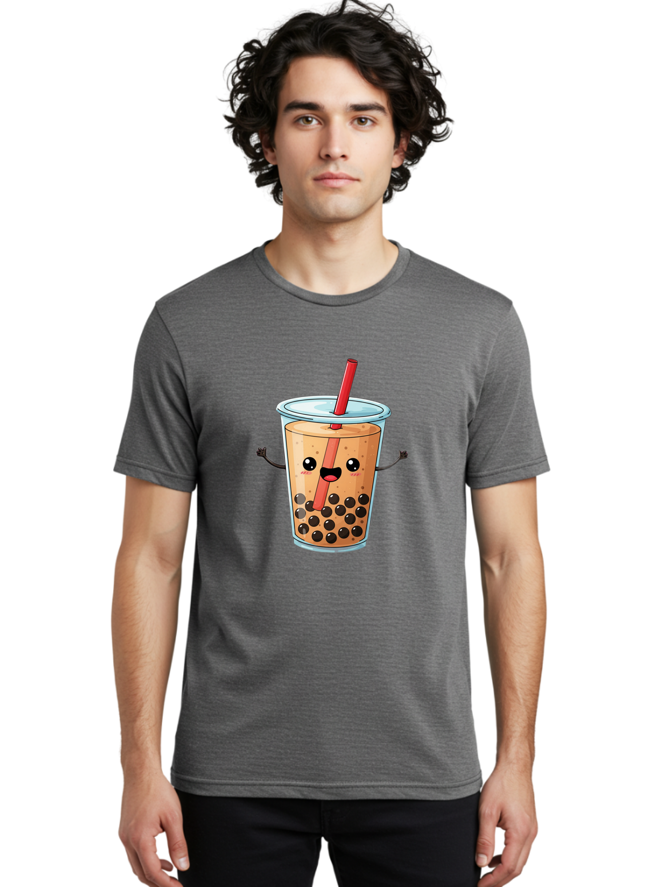 Boba-Tea-Cartoon Men'S Graphic Tee, 100% Cotton, Comfortable Casual Summer Wear, Machine Washable, Cartoon Bubble Tea, Boba Drink, Milk Tea With Straw, Cute Beverage, Fun Character, Kawaii Culture, Asian Drink, Trendy Refreshment, Bac668