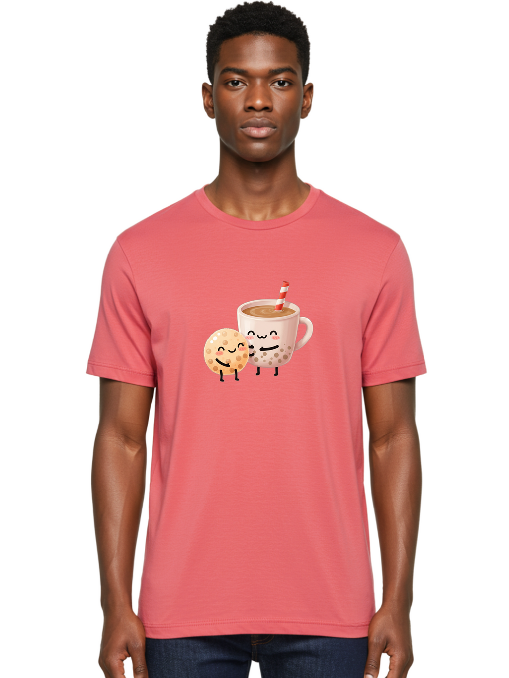Boba-Tea-Characters Men'S Graphic Tee, 100% Cotton, Comfortable Casual Summer Wear, Machine Washable, Boba Tea, Milk Tea, Bubble Tea, Cartoon Characters, Smiling Faces, Happy Faces, Tea Cup, Tapioca Pearls, Cute Illustration, Kawaii Art, Bac669