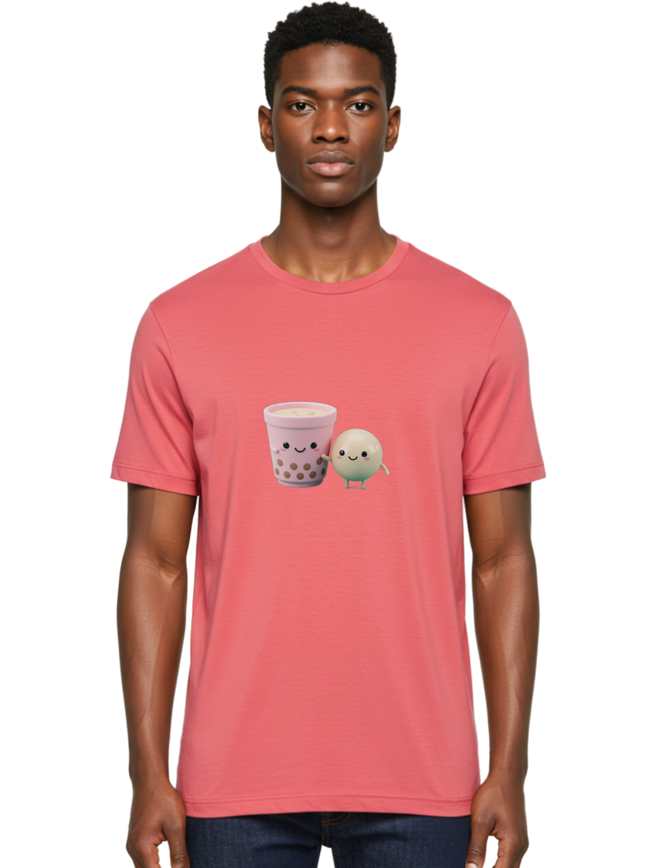 Boba-Tea-Friends Men'S Graphic Tee, 100% Cotton, Comfortable Casual Summer Wear, Machine Washable, Boba Tea, Milk Tea, Bubble Tea, Cute Cartoon Characters, Kawaii Culture, Japanese Pop Culture, Adorable Smile, Happy Face, Smiling Boba, Bac670