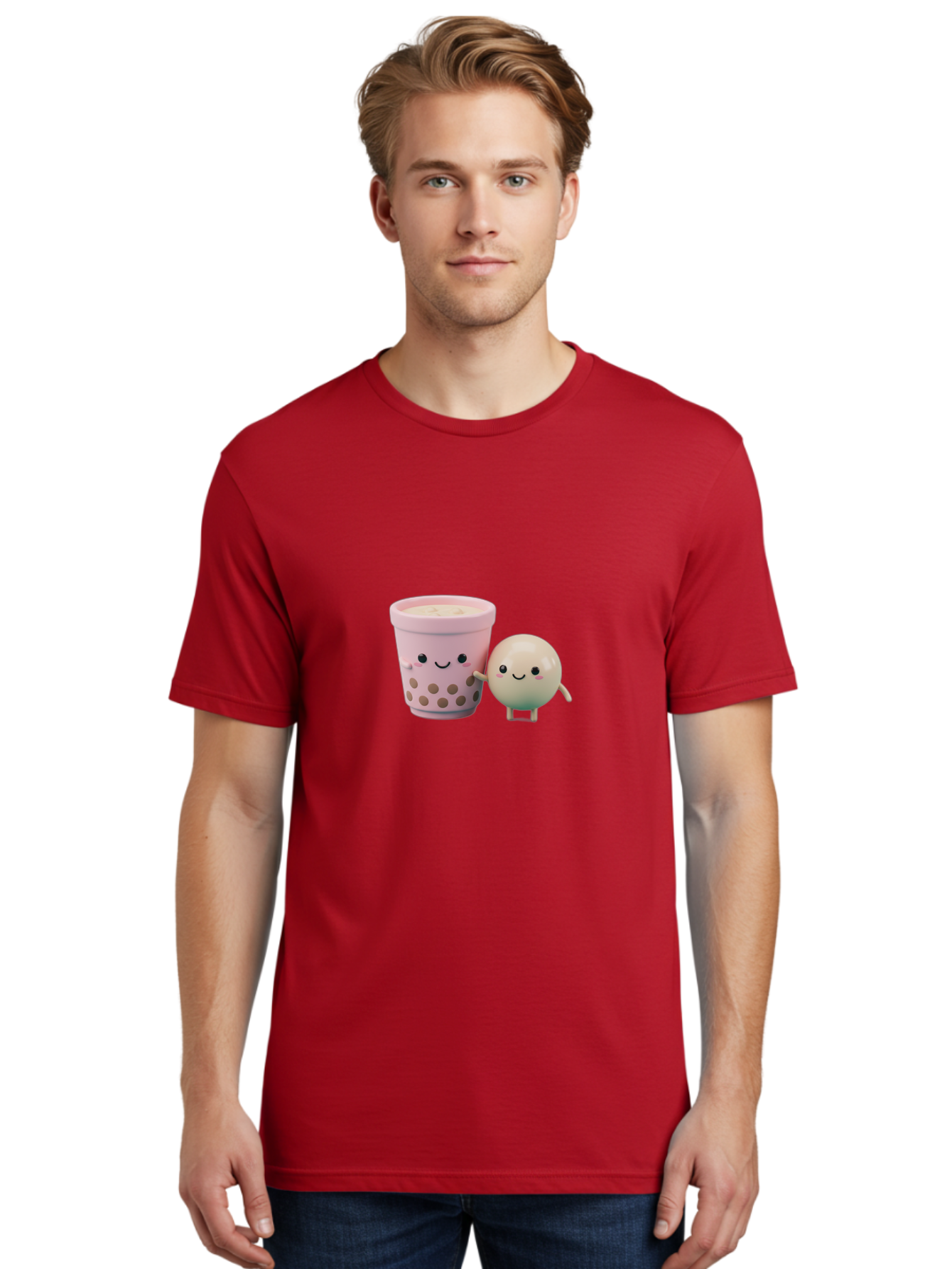 Boba-Tea-Friends Men'S Graphic Tee, 100% Cotton, Comfortable Casual Summer Wear, Machine Washable, Boba Tea, Milk Tea, Bubble Tea, Cute Cartoon Characters, Kawaii Culture, Japanese Pop Culture, Adorable Smile, Happy Face, Smiling Boba, Bac670