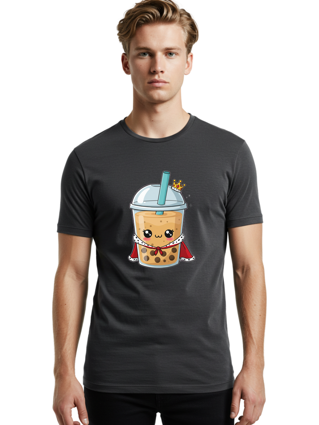 Boba-Tea-King Men'S Graphic Tee, 100% Cotton, Comfortable Casual Summer Wear, Machine Washable, Cute Boba Tea, Cartoon Character, Milk Tea, Bubble Tea, Boba Drink, Royal Crown, Red Cape, White Trim, Kawaii, Boba Lover, Tea Enthusiast Bac671