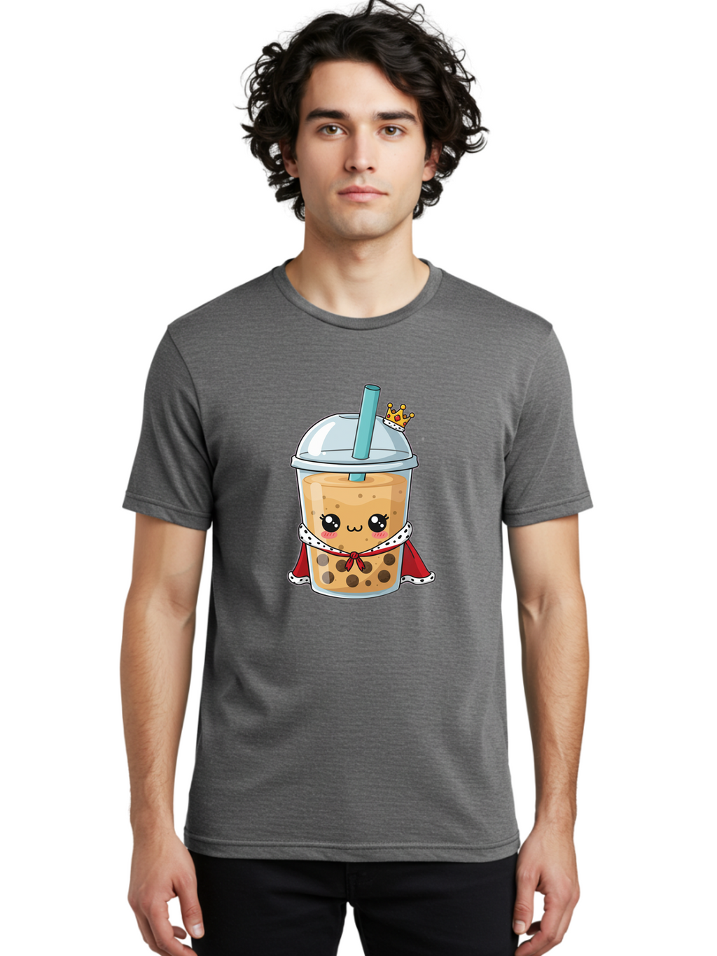 Boba-Tea-King Men'S Graphic Tee, 100% Cotton, Comfortable Casual Summer Wear, Machine Washable, Cute Boba Tea, Cartoon Character, Milk Tea, Bubble Tea, Boba Drink, Royal Crown, Red Cape, White Trim, Kawaii, Boba Lover, Tea Enthusiast Bac671