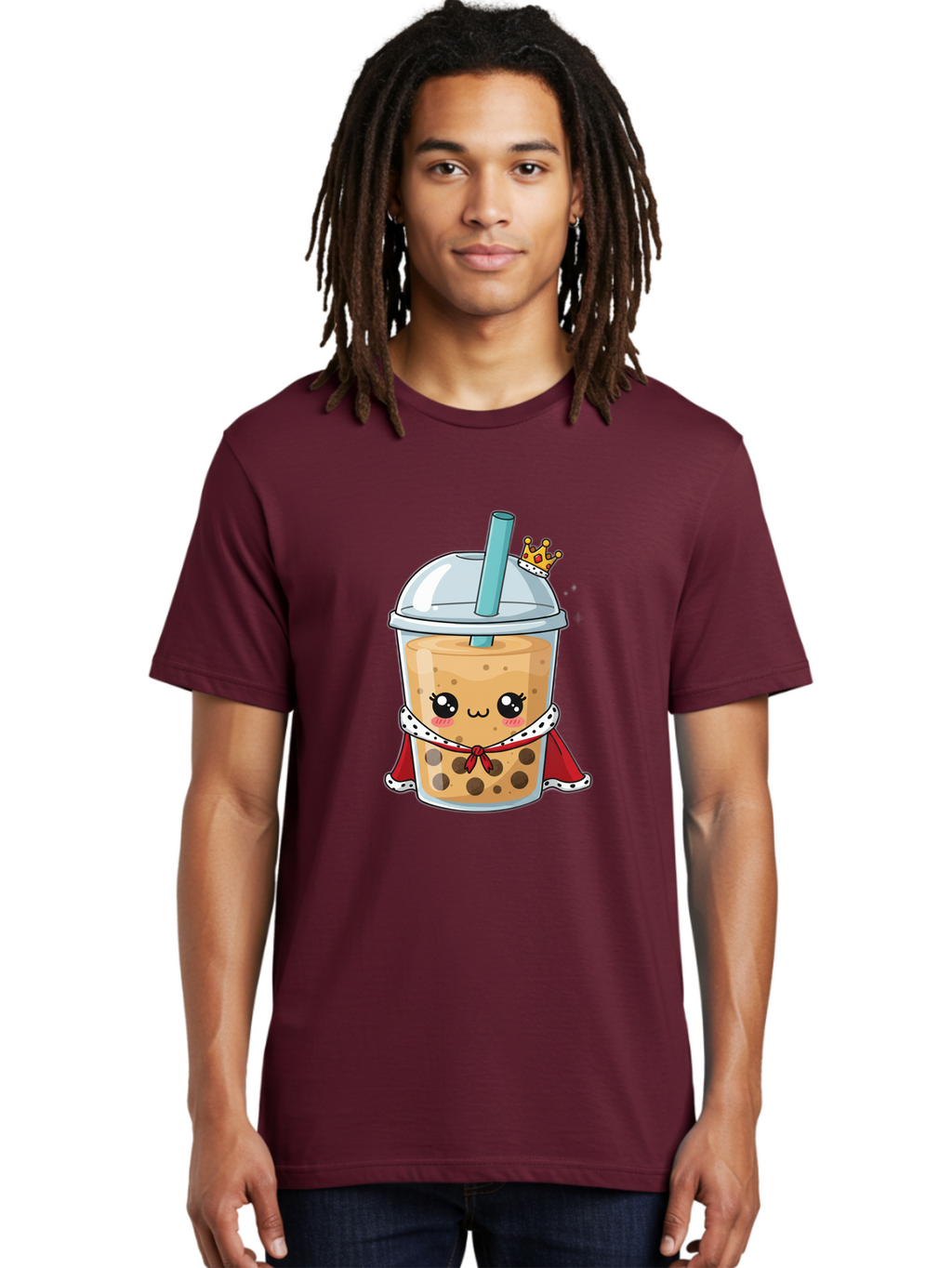 Boba-Tea-King Men'S Graphic Tee, 100% Cotton, Comfortable Casual Summer Wear, Machine Washable, Cute Boba Tea, Cartoon Character, Milk Tea, Bubble Tea, Boba Drink, Royal Crown, Red Cape, White Trim, Kawaii, Boba Lover, Tea Enthusiast Bac671