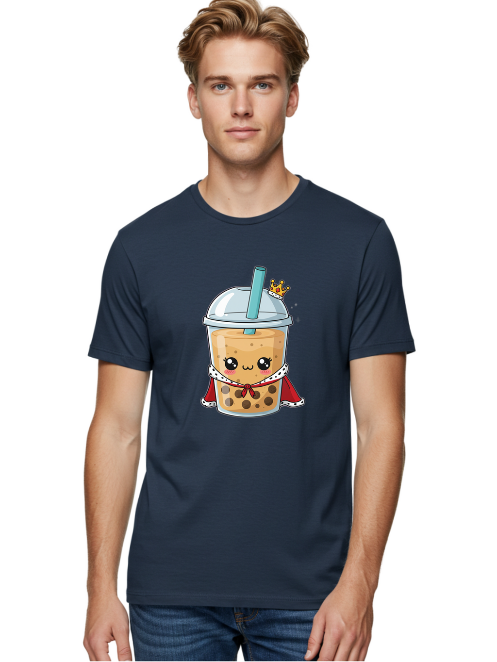 Boba-Tea-King Men'S Graphic Tee, 100% Cotton, Comfortable Casual Summer Wear, Machine Washable, Cute Boba Tea, Cartoon Character, Milk Tea, Bubble Tea, Boba Drink, Royal Crown, Red Cape, White Trim, Kawaii, Boba Lover, Tea Enthusiast Bac671