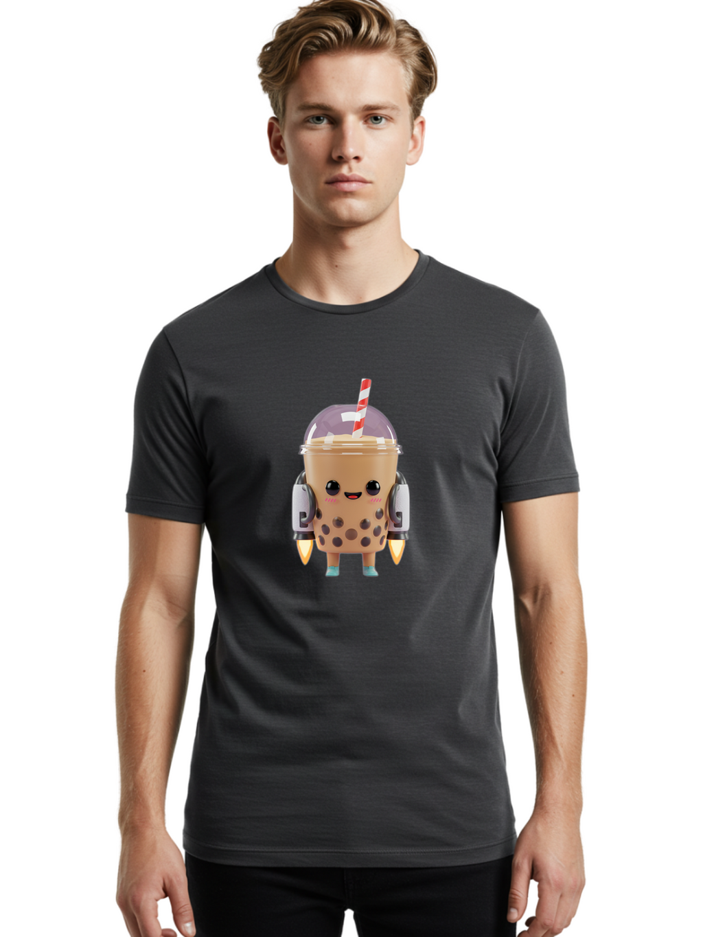 Boba-Tea-Robot Men'S Graphic Tee, 100% Cotton, Comfortable Casual Summer Wear, Machine Washable, Boba Tea, Robot Character, Cute Design, Anthropomorphic Drink, Straw, Robotic Arms, Bubble Tea, Kawaii, 3D Illustration Bac672