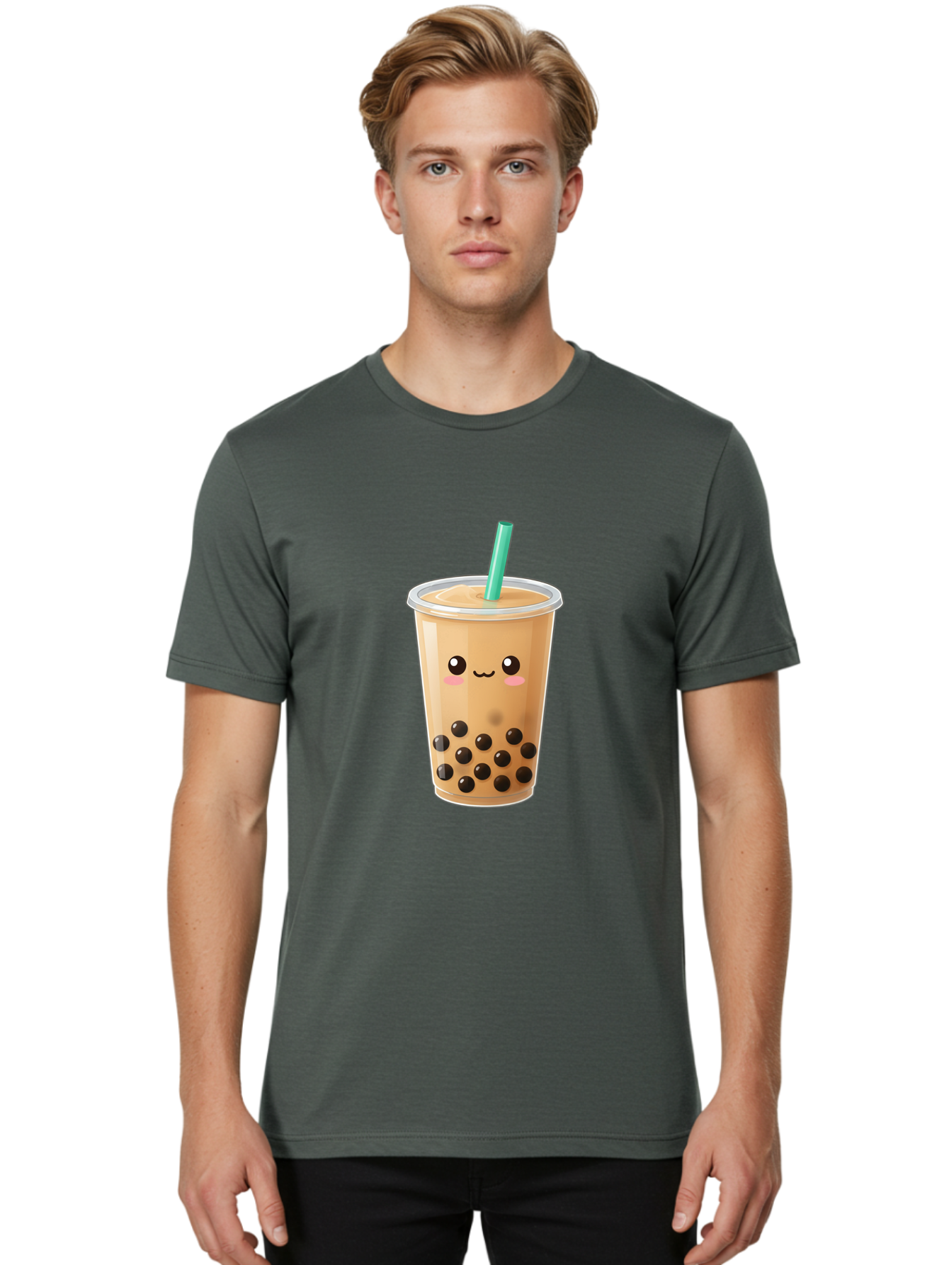 Boba-Tea Men'S Graphic Tee, 100% Cotton, Comfortable Casual Summer Wear, Machine Washable, Milk Tea, Boba Drink, Bubble Tea, Cartoon Character, Cute Illustration, Tea With Tapioca Pearls, Adorable Face, Smiling Beverage, Tea Culture, Bac673