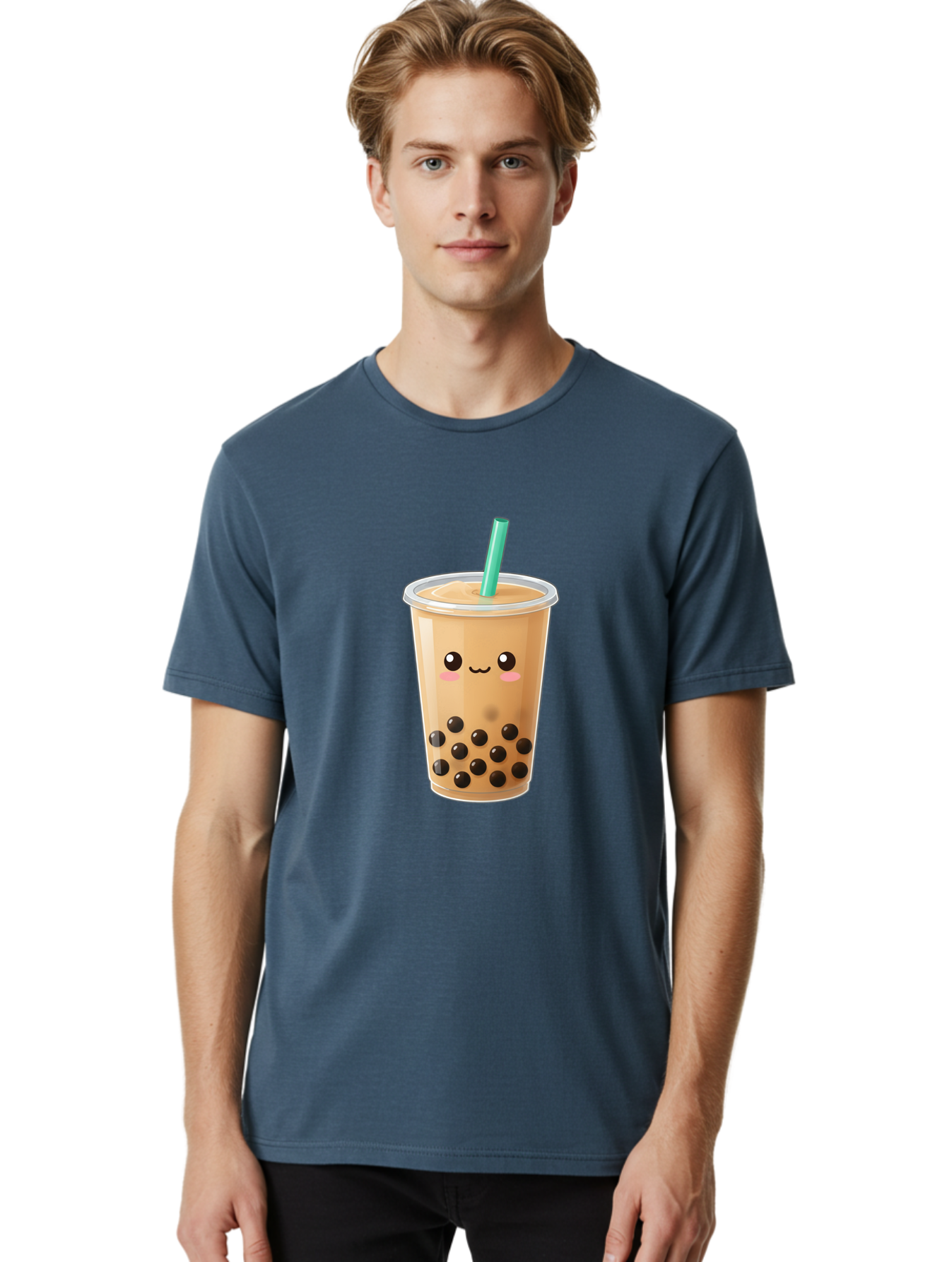 Boba-Tea Men'S Graphic Tee, 100% Cotton, Comfortable Casual Summer Wear, Machine Washable, Milk Tea, Boba Drink, Bubble Tea, Cartoon Character, Cute Illustration, Tea With Tapioca Pearls, Adorable Face, Smiling Beverage, Tea Culture, Bac673