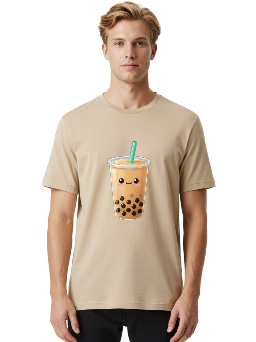 Boba-Tea Men'S Graphic Tee, 100% Cotton, Comfortable Casual Summer Wear, Machine Washable, Milk Tea, Boba Drink, Bubble Tea, Cartoon Character, Cute Illustration, Tea With Tapioca Pearls, Adorable Face, Smiling Beverage, Tea Culture, Bac673