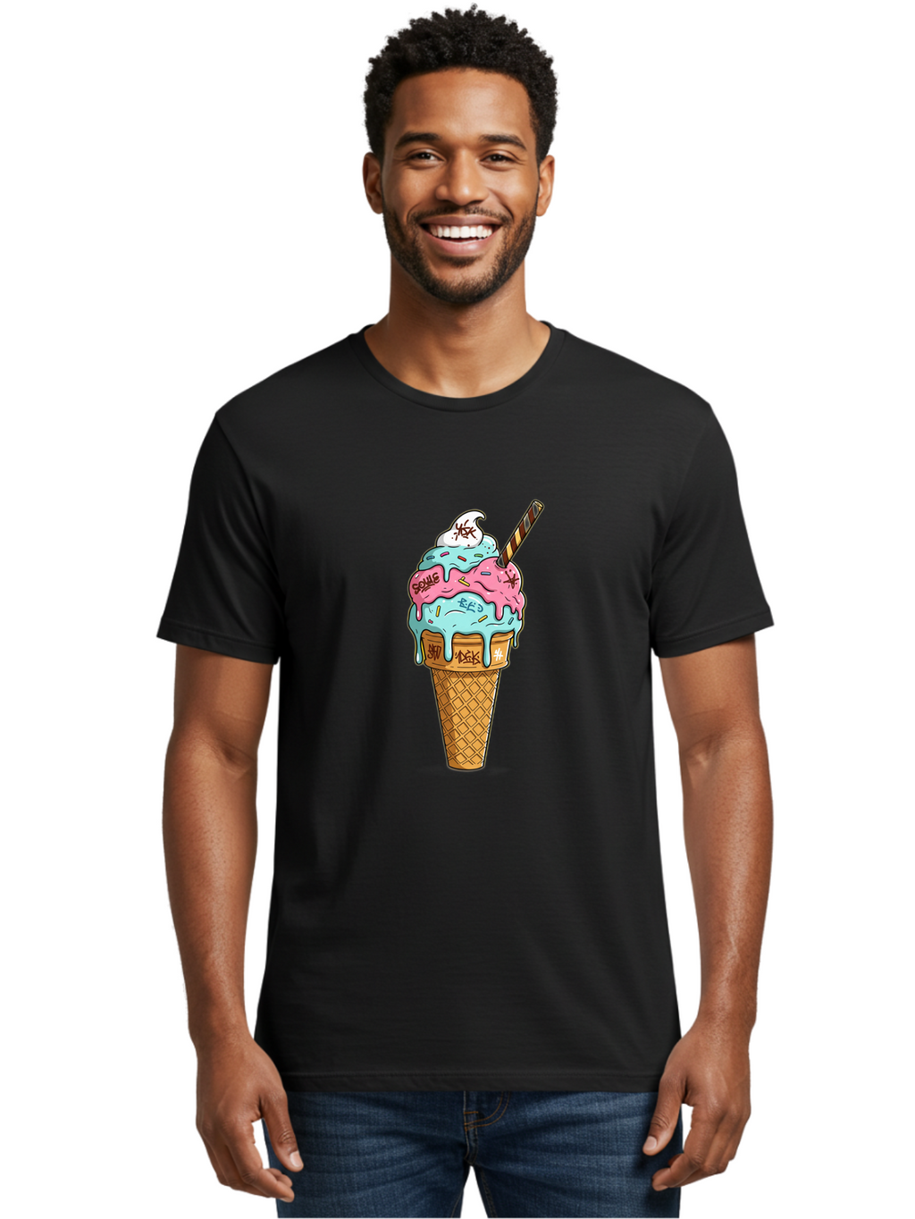 Bomb-Graffiti-Ice-Cream Men'S Graphic Tee, 100% Cotton, Comfortable Casual Summer Wear, Machine Washable, Graffiti Ice Cream, Colorful Dessert, Street Art Style, Vibrant Colors, Unique Treat, Sweet Indulgence, Creative Food Art, Bac675
