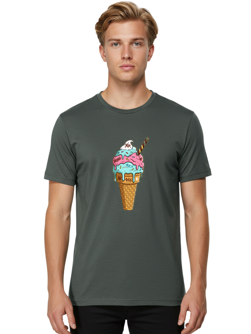 Bomb-Graffiti-Ice-Cream Men'S Graphic Tee, 100% Cotton, Comfortable Casual Summer Wear, Machine Washable, Graffiti Ice Cream, Colorful Dessert, Street Art Style, Vibrant Colors, Unique Treat, Sweet Indulgence, Creative Food Art, Bac675