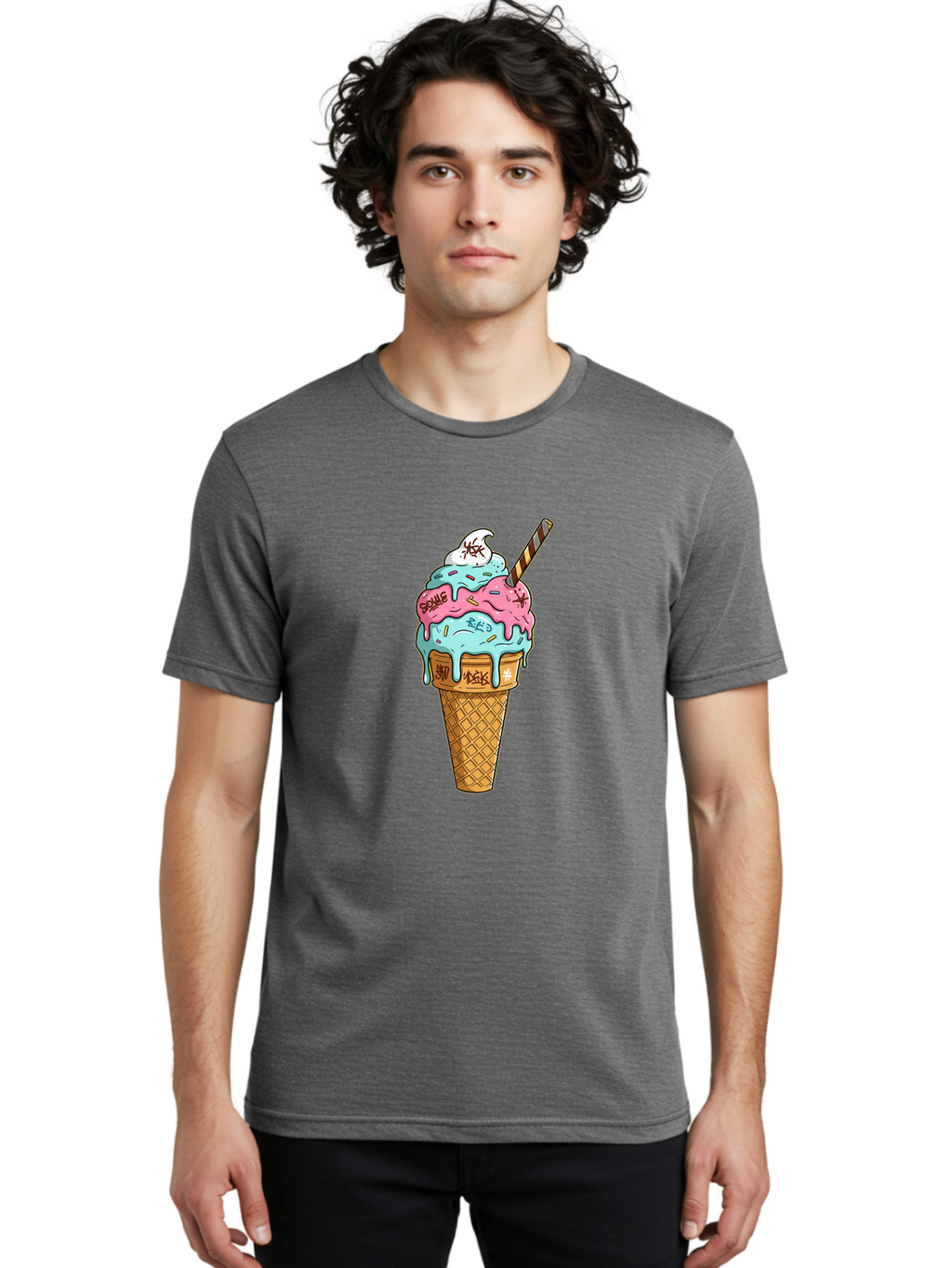 Bomb-Graffiti-Ice-Cream Men'S Graphic Tee, 100% Cotton, Comfortable Casual Summer Wear, Machine Washable, Graffiti Ice Cream, Colorful Dessert, Street Art Style, Vibrant Colors, Unique Treat, Sweet Indulgence, Creative Food Art, Bac675