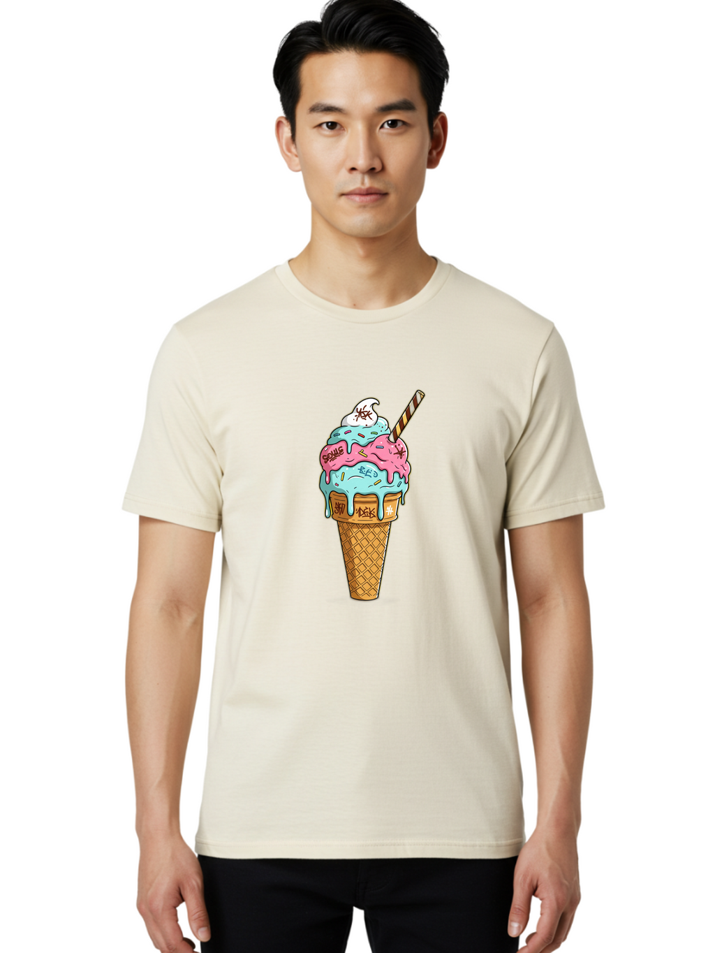 Bomb-Graffiti-Ice-Cream Men'S Graphic Tee, 100% Cotton, Comfortable Casual Summer Wear, Machine Washable, Graffiti Ice Cream, Colorful Dessert, Street Art Style, Vibrant Colors, Unique Treat, Sweet Indulgence, Creative Food Art, Bac675