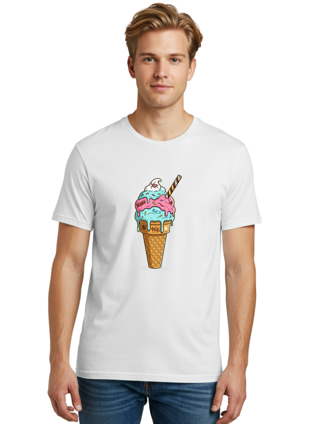 Bomb-Graffiti-Ice-Cream Men'S Graphic Tee, 100% Cotton, Comfortable Casual Summer Wear, Machine Washable, Graffiti Ice Cream, Colorful Dessert, Street Art Style, Vibrant Colors, Unique Treat, Sweet Indulgence, Creative Food Art, Bac675