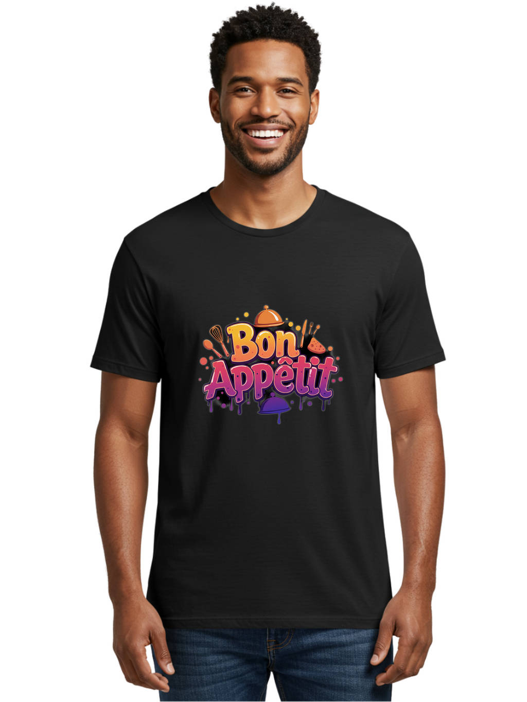 Bon-Appetit Men'S Graphic Tee, 100% Cotton, Comfortable Casual Summer Wear, Machine Washable, Foodie Graphics, Restaurant Logo, Culinary Art, Gourmet Inspiration, Kitchen Utensils, Cooking Theme, Vibrant Typography, Serving Dishes, Bac678