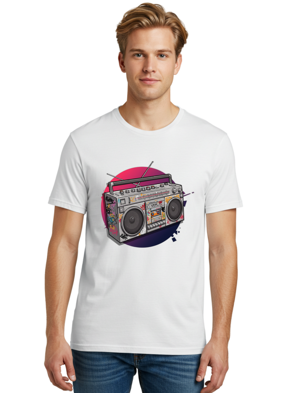 Boombox Men'S Graphic Tee, 100% Cotton, Comfortable Casual Summer Wear, Machine Washable, Vintage Boombox, Retro Music Player, Graffiti Art, Cassette Tape, 80S Nostalgia, Portable Radio, Street Style, Urban Culture Bac679