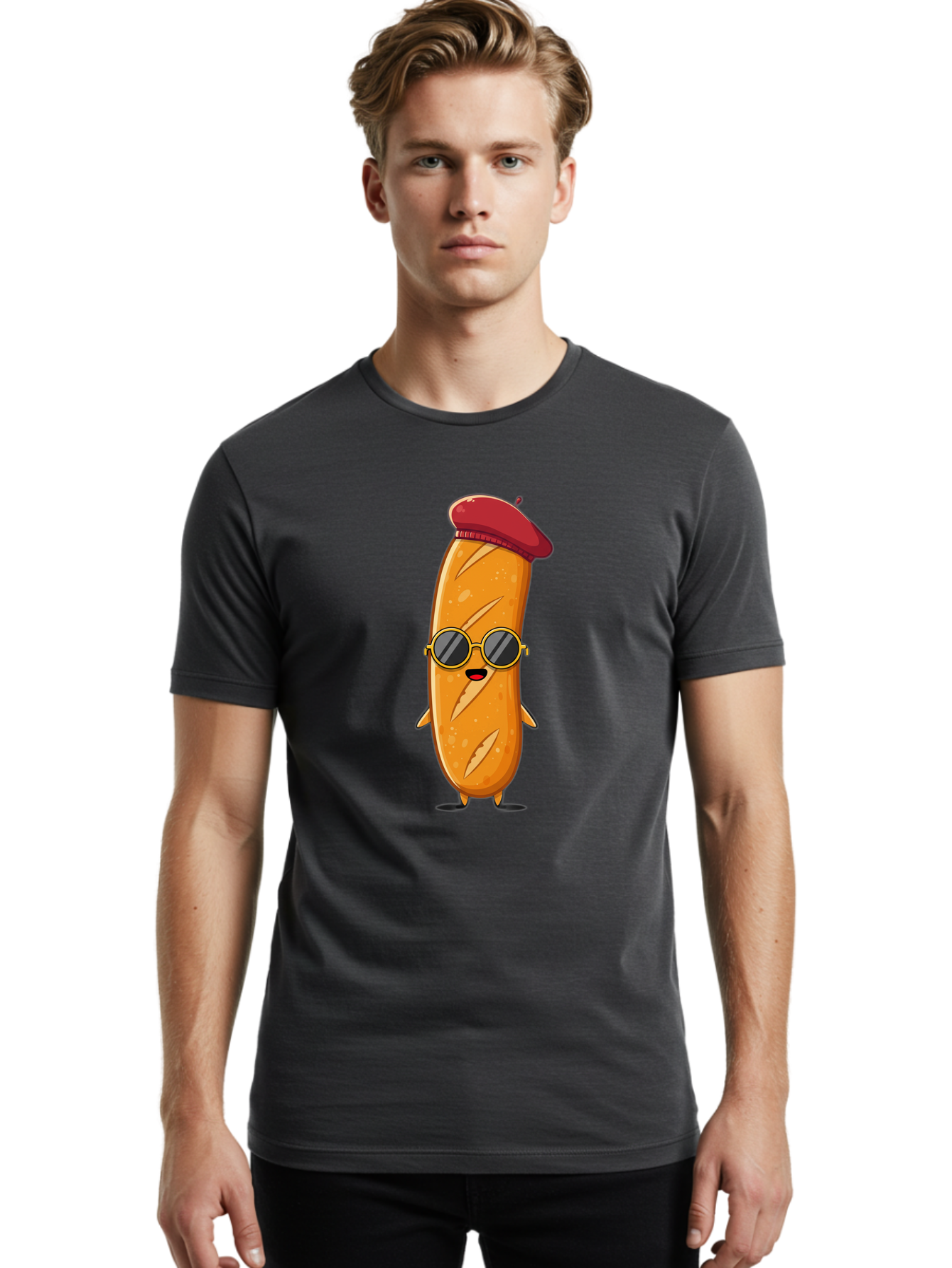 Bread-Mascot Men'S Graphic Tee, 100% Cotton, Comfortable Casual Summer Wear, Machine Washable, Cartoon Hot Dog, Wearing Sunglasses, Red Beret, French-Inspired, Quirky Character, Humorous Illustration, Trendy Food, Fun Graphics, Bac681