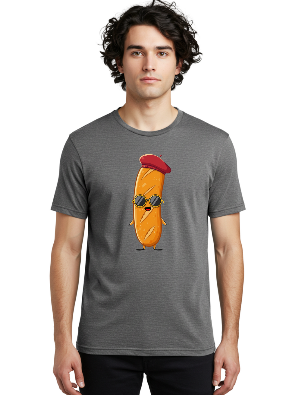 Bread-Mascot Men'S Graphic Tee, 100% Cotton, Comfortable Casual Summer Wear, Machine Washable, Cartoon Hot Dog, Wearing Sunglasses, Red Beret, French-Inspired, Quirky Character, Humorous Illustration, Trendy Food, Fun Graphics, Bac681