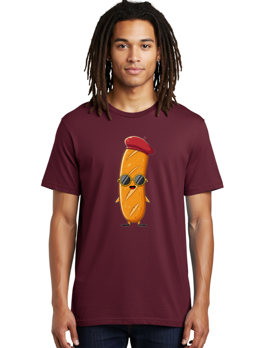 Bread-Mascot Men'S Graphic Tee, 100% Cotton, Comfortable Casual Summer Wear, Machine Washable, Cartoon Hot Dog, Wearing Sunglasses, Red Beret, French-Inspired, Quirky Character, Humorous Illustration, Trendy Food, Fun Graphics, Bac681