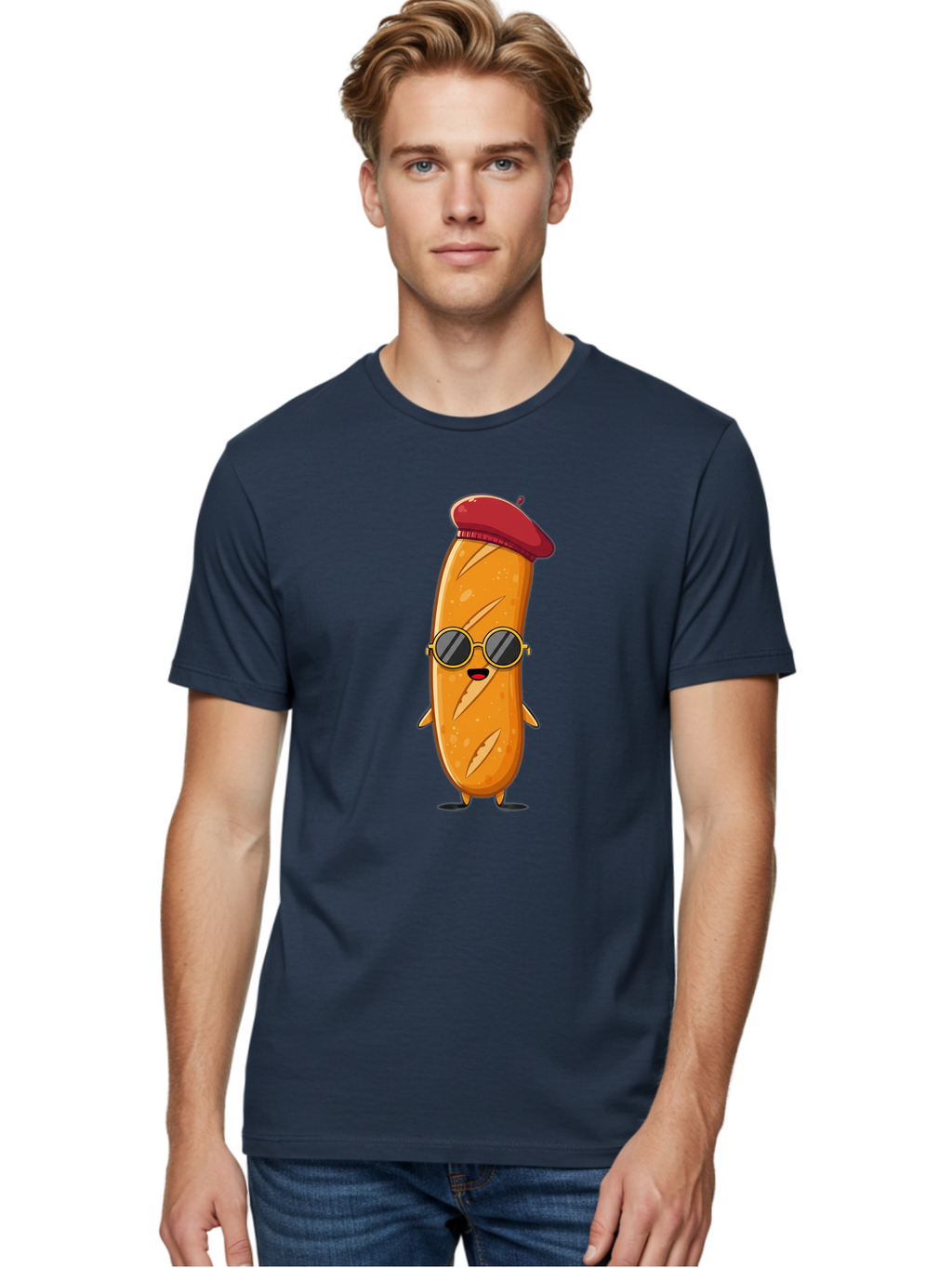 Bread-Mascot Men'S Graphic Tee, 100% Cotton, Comfortable Casual Summer Wear, Machine Washable, Cartoon Hot Dog, Wearing Sunglasses, Red Beret, French-Inspired, Quirky Character, Humorous Illustration, Trendy Food, Fun Graphics, Bac681