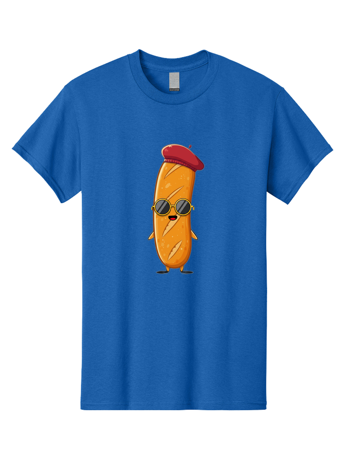 Bread-Mascot Men'S Graphic Tee, 100% Cotton, Comfortable Casual Summer Wear, Machine Washable, Cartoon Hot Dog, Wearing Sunglasses, Red Beret, French-Inspired, Quirky Character, Humorous Illustration, Trendy Food, Fun Graphics, Bac681
