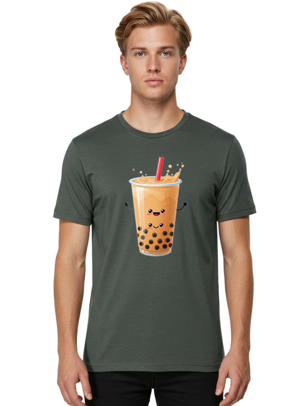 Bubble-Milk-Tea-4 Men'S Graphic Tee, 100% Cotton, Comfortable Casual Summer Wear, Machine Washable, Cartoon Bubble Tea, Boba Tea, Milk Tea, Kawaii Drink, Cute Beverage, Smiling Drink, Asian Drink Culture, Tea Lover Bac686