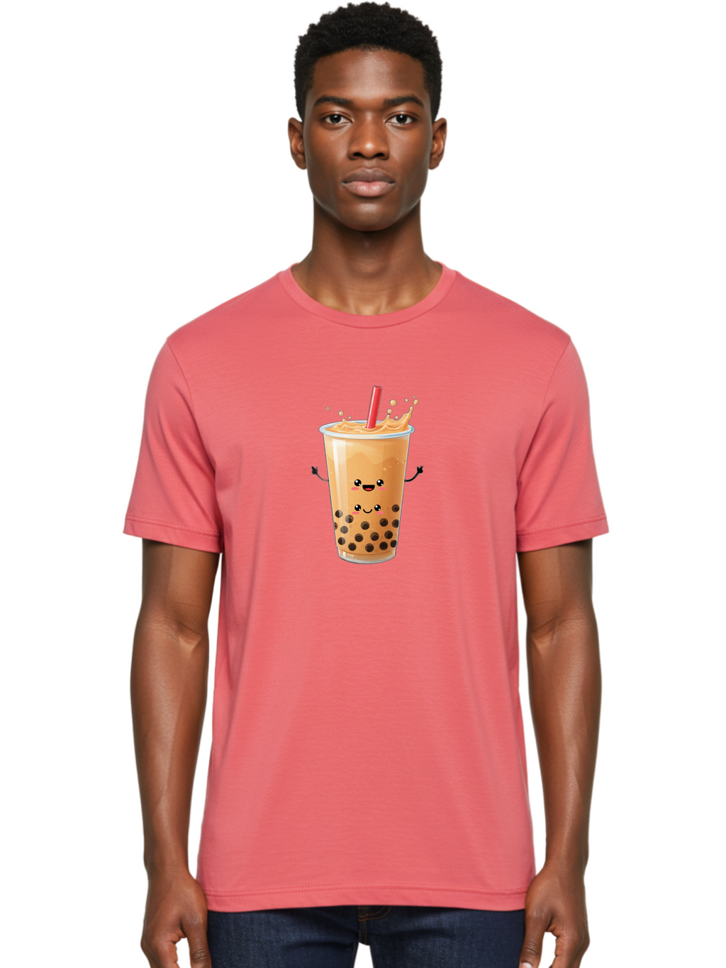 Bubble-Milk-Tea-4 Men'S Graphic Tee, 100% Cotton, Comfortable Casual Summer Wear, Machine Washable, Cartoon Bubble Tea, Boba Tea, Milk Tea, Kawaii Drink, Cute Beverage, Smiling Drink, Asian Drink Culture, Tea Lover Bac686