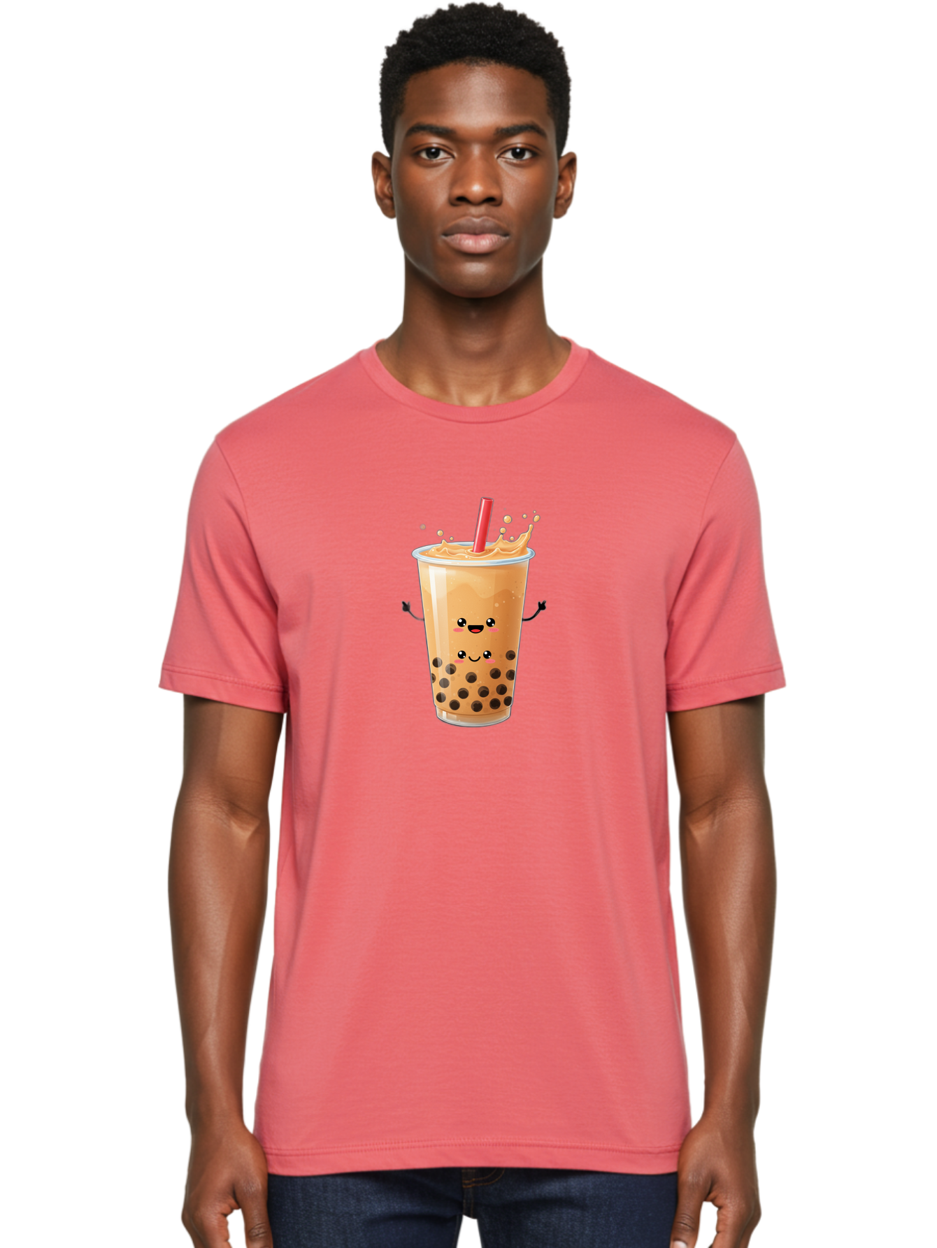 Bubble-Milk-Tea-4 Men'S Graphic Tee, 100% Cotton, Comfortable Casual Summer Wear, Machine Washable, Cartoon Bubble Tea, Boba Tea, Milk Tea, Kawaii Drink, Cute Beverage, Smiling Drink, Asian Drink Culture, Tea Lover Bac686