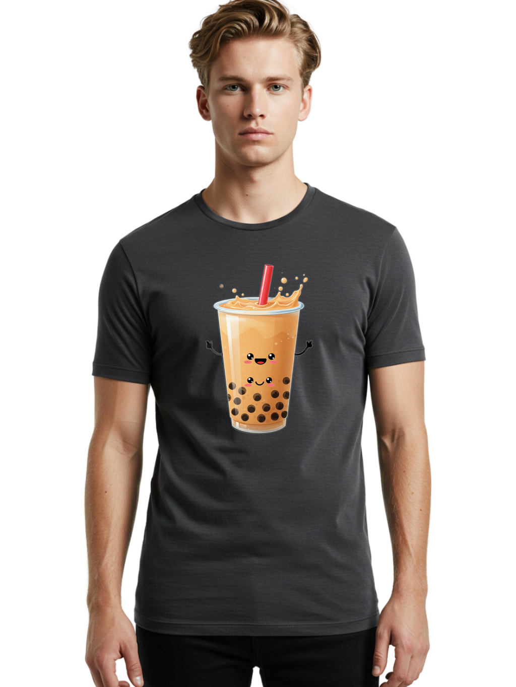 Bubble-Milk-Tea-4 Men'S Graphic Tee, 100% Cotton, Comfortable Casual Summer Wear, Machine Washable, Cartoon Bubble Tea, Boba Tea, Milk Tea, Kawaii Drink, Cute Beverage, Smiling Drink, Asian Drink Culture, Tea Lover Bac686