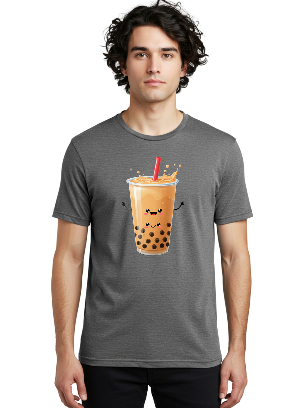 Bubble-Milk-Tea-4 Men'S Graphic Tee, 100% Cotton, Comfortable Casual Summer Wear, Machine Washable, Cartoon Bubble Tea, Boba Tea, Milk Tea, Kawaii Drink, Cute Beverage, Smiling Drink, Asian Drink Culture, Tea Lover Bac686