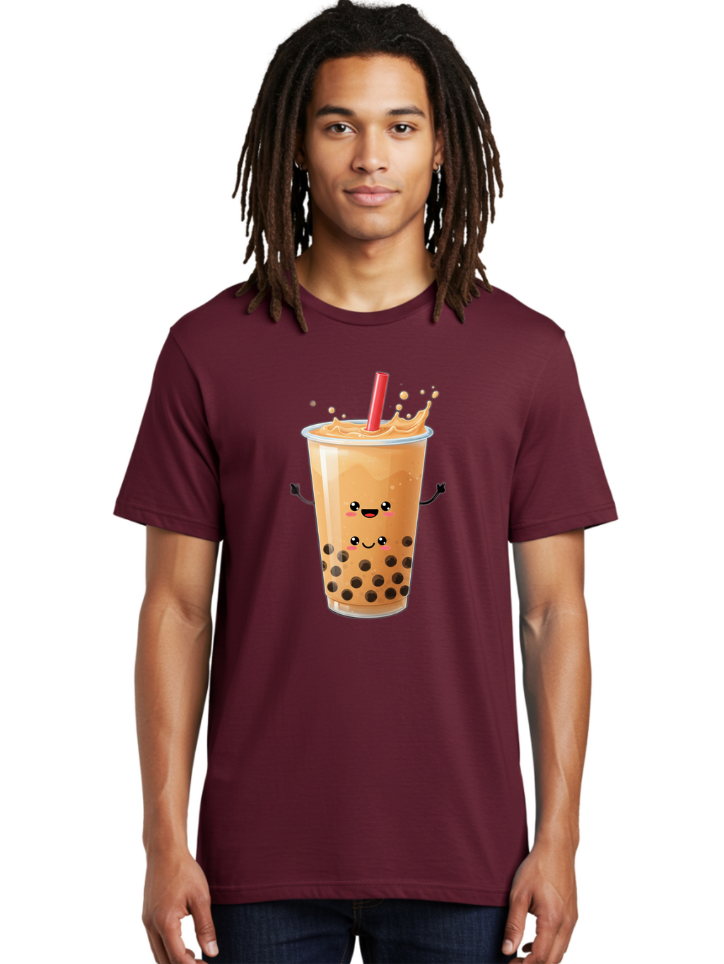 Bubble-Milk-Tea-4 Men'S Graphic Tee, 100% Cotton, Comfortable Casual Summer Wear, Machine Washable, Cartoon Bubble Tea, Boba Tea, Milk Tea, Kawaii Drink, Cute Beverage, Smiling Drink, Asian Drink Culture, Tea Lover Bac686