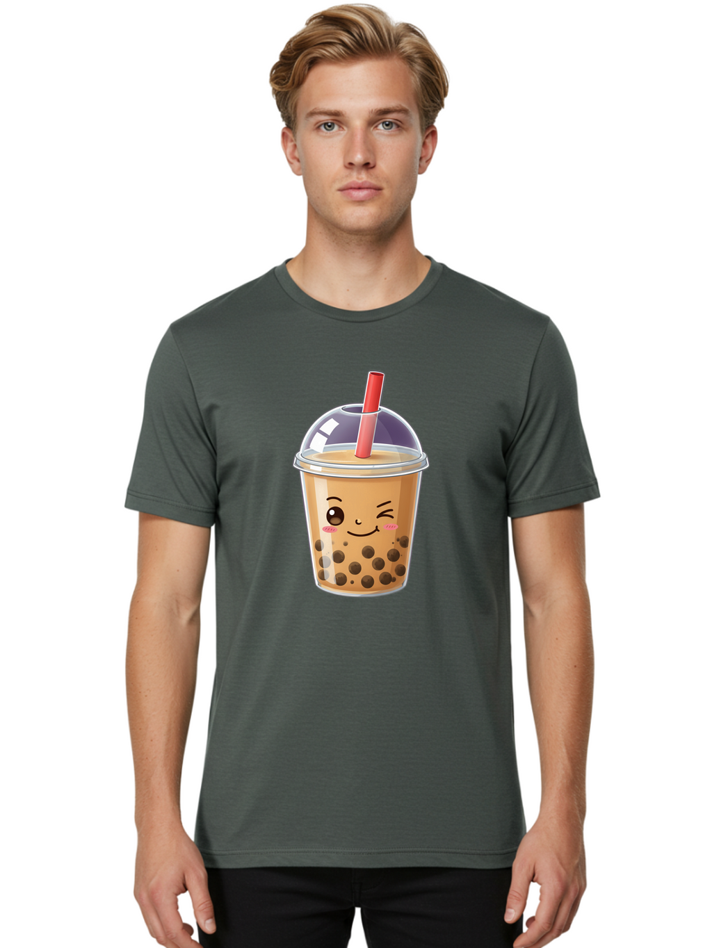 Bubble-Milk-Tea-5 Men'S Graphic Tee, 100% Cotton, Comfortable Casual Summer Wear, Machine Washable, Bubble Tea, Cute Cartoon, Milk Tea, Boba Drink, Kawaii Culture, Sweet Treats, Straw And Lid, Adorable Face, Winking Eyes, Smiling, Bac687