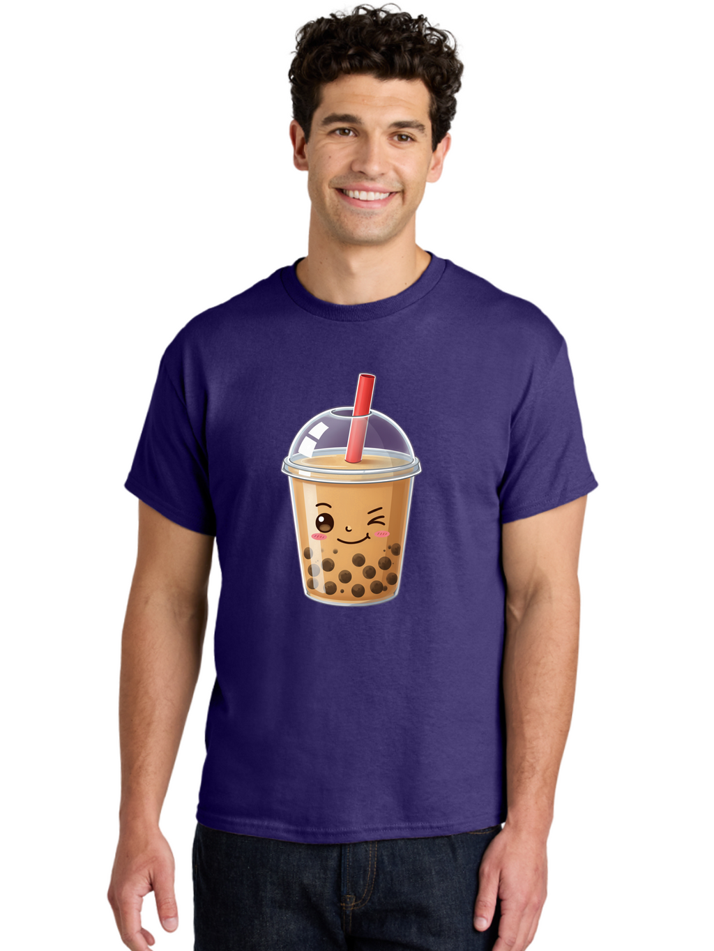 Bubble-Milk-Tea-5 Men'S Graphic Tee, 100% Cotton, Comfortable Casual Summer Wear, Machine Washable, Bubble Tea, Cute Cartoon, Milk Tea, Boba Drink, Kawaii Culture, Sweet Treats, Straw And Lid, Adorable Face, Winking Eyes, Smiling, Bac687