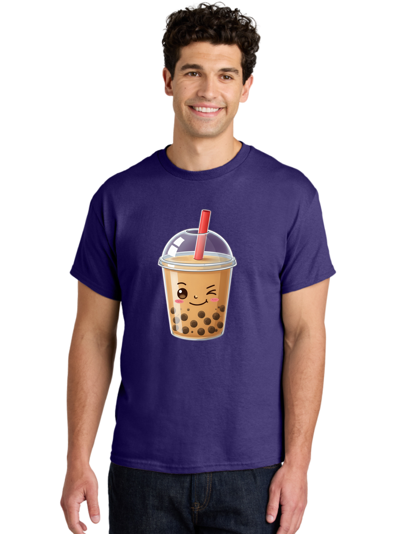 Bubble-Milk-Tea-5 Men'S Graphic Tee, 100% Cotton, Comfortable Casual Summer Wear, Machine Washable, Bubble Tea, Cute Cartoon, Milk Tea, Boba Drink, Kawaii Culture, Sweet Treats, Straw And Lid, Adorable Face, Winking Eyes, Smiling, Bac687