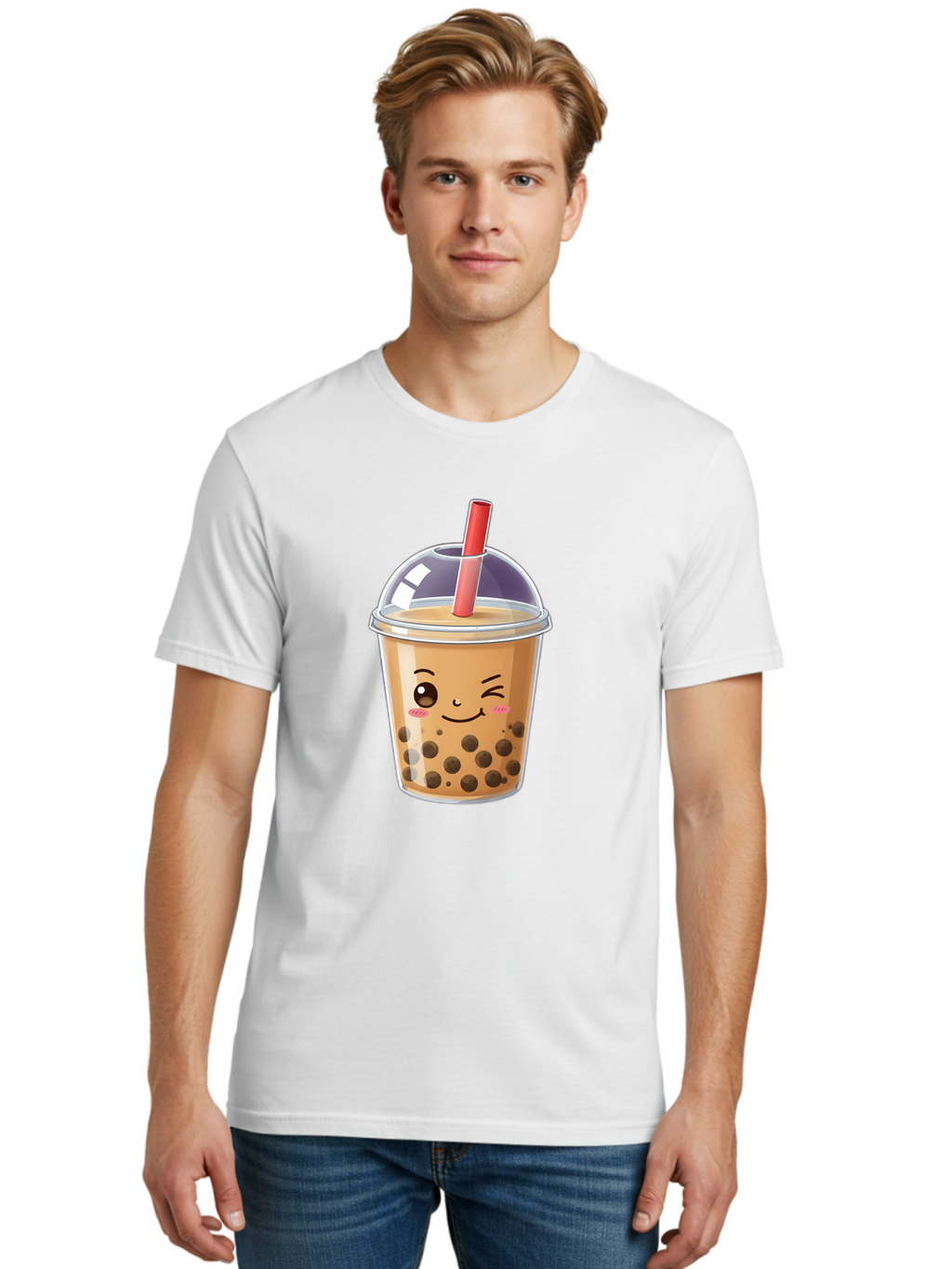 Bubble-Milk-Tea-5 Men'S Graphic Tee, 100% Cotton, Comfortable Casual Summer Wear, Machine Washable, Bubble Tea, Cute Cartoon, Milk Tea, Boba Drink, Kawaii Culture, Sweet Treats, Straw And Lid, Adorable Face, Winking Eyes, Smiling, Bac687