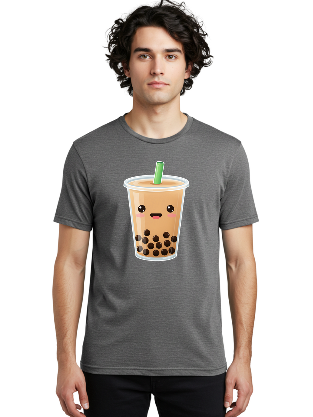 Bubble-Milk-Tea Men'S Graphic Tee, 100% Cotton, Comfortable Casual Summer Wear, Machine Washable, Bubble Tea, Boba, Milk Tea, Straw, Cartoon Character, Cute Face, Black Boba Pearls, Smiling, Kawaii, Popular Drink, Fun Design, Tasty, Bac688