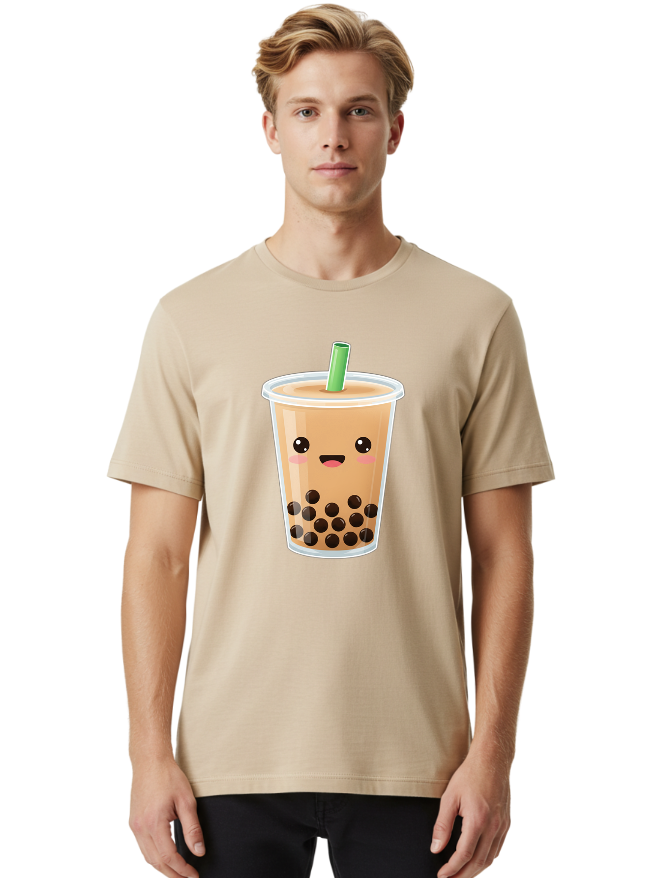 Bubble-Milk-Tea Men'S Graphic Tee, 100% Cotton, Comfortable Casual Summer Wear, Machine Washable, Bubble Tea, Boba, Milk Tea, Straw, Cartoon Character, Cute Face, Black Boba Pearls, Smiling, Kawaii, Popular Drink, Fun Design, Tasty, Bac688