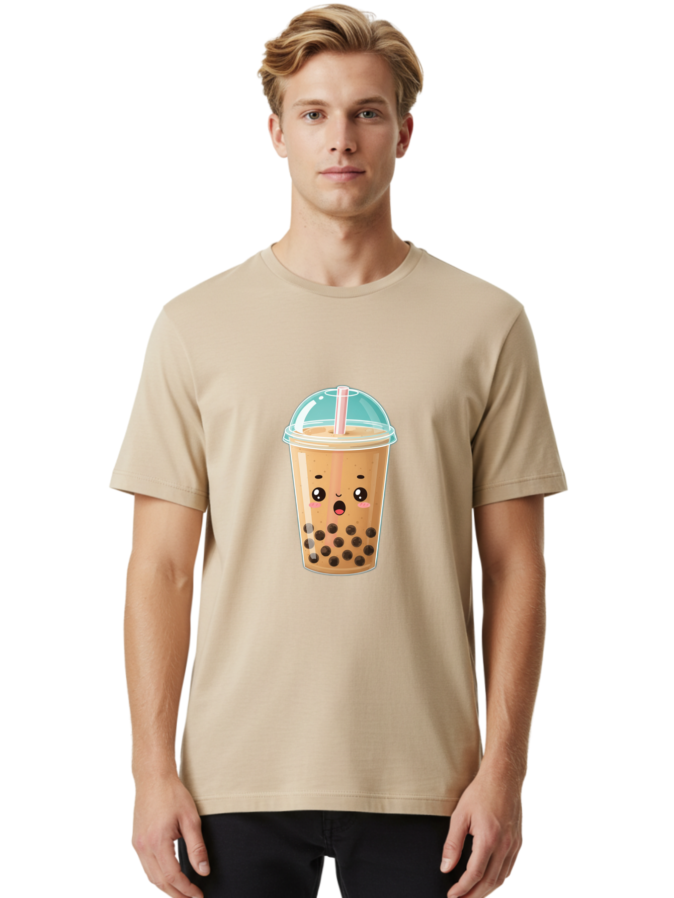 Bubble-Tea-1 Men'S Graphic Tee, 100% Cotton, Comfortable Casual Summer Wear, Machine Washable, Bubble Tea, Milk Tea, Boba Drink, Cartoon Character, Cute Face, Straw, Tapioca Pearls, Kawaii, Beverage, Refreshing Drink, Sweet Treat, Fun Design, Bac689