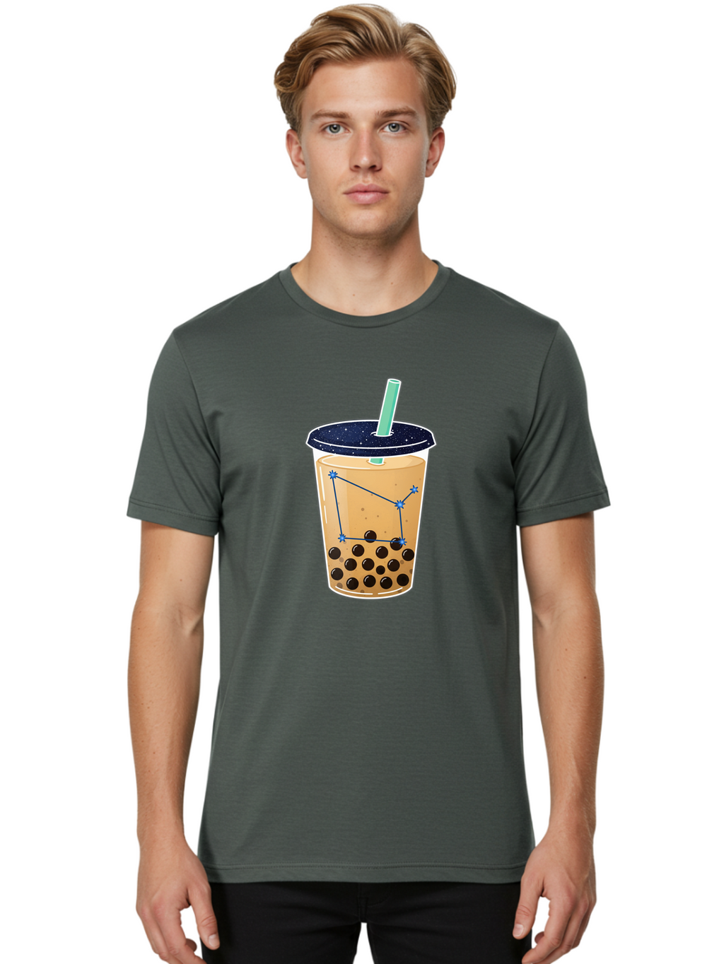 Bubble-Tea-11 Men'S Graphic Tee, 100% Cotton, Comfortable Casual Summer Wear, Machine Washable, Bubble Tea, Boba Drink, Milk Tea, Constellation Design, Starry Night, Coffee Drink, Tea Cup, Straw, Tapioca Pearls Bac691