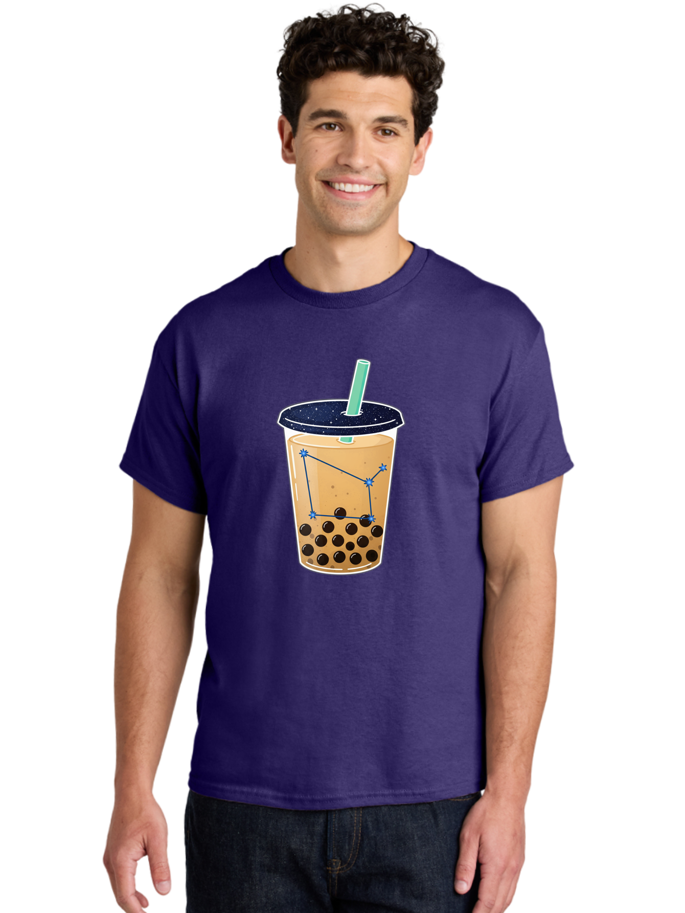 Bubble-Tea-11 Men'S Graphic Tee, 100% Cotton, Comfortable Casual Summer Wear, Machine Washable, Bubble Tea, Boba Drink, Milk Tea, Constellation Design, Starry Night, Coffee Drink, Tea Cup, Straw, Tapioca Pearls Bac691