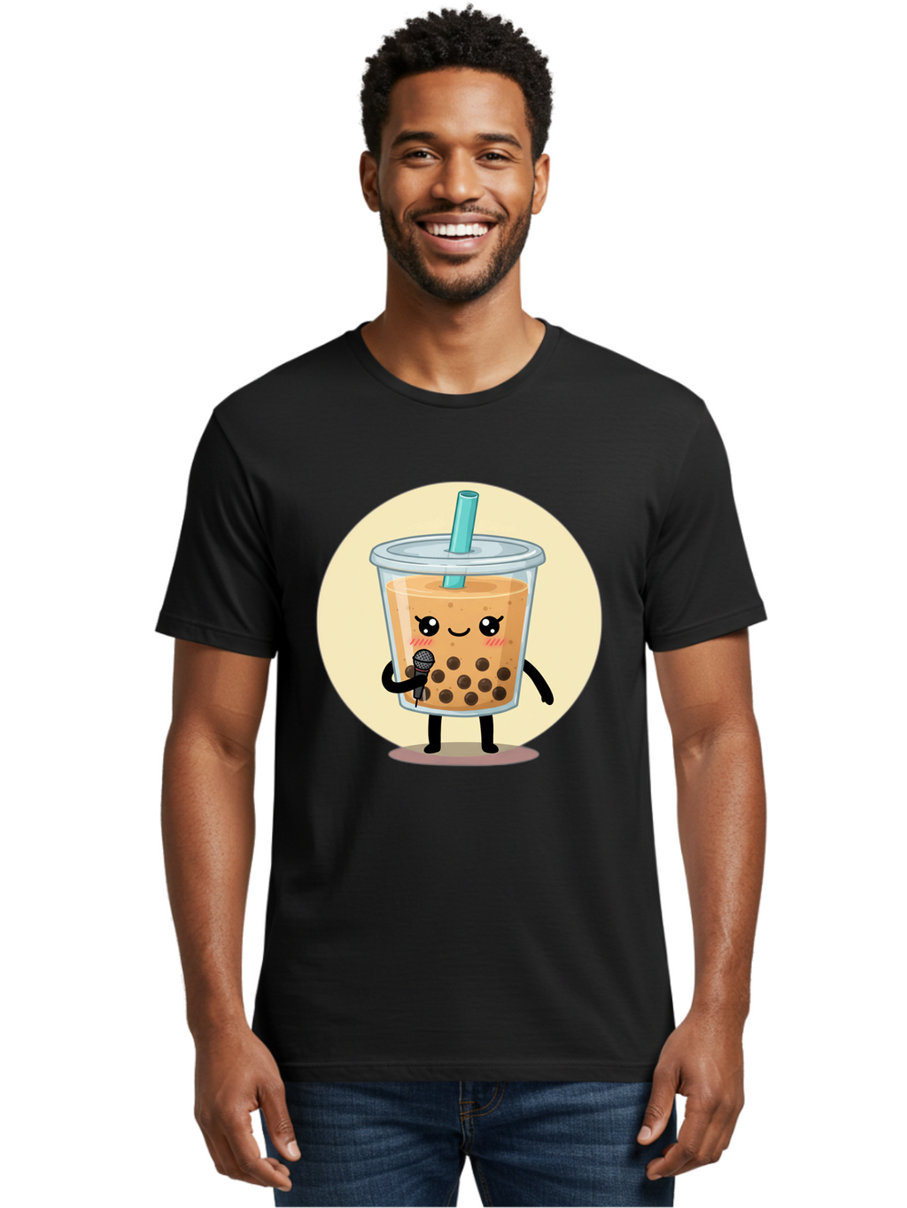 Bubble-Tea-12 Men'S Graphic Tee, 100% Cotton, Comfortable Casual Summer Wear, Machine Washable, Cartoon Bubble Tea, Adorable Character, Kawaii, Cute Illustration, Boba Drink, Microphone, Straw, Charming Personality, Fun Design, Playful Vibe, Bac692