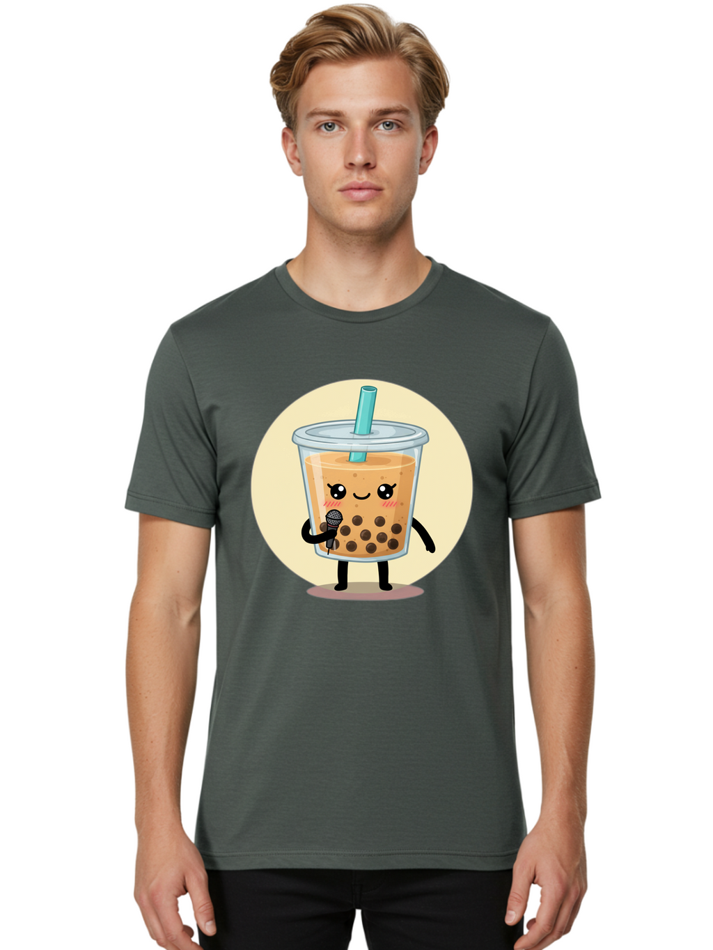Bubble-Tea-12 Men'S Graphic Tee, 100% Cotton, Comfortable Casual Summer Wear, Machine Washable, Cartoon Bubble Tea, Adorable Character, Kawaii, Cute Illustration, Boba Drink, Microphone, Straw, Charming Personality, Fun Design, Playful Vibe, Bac692