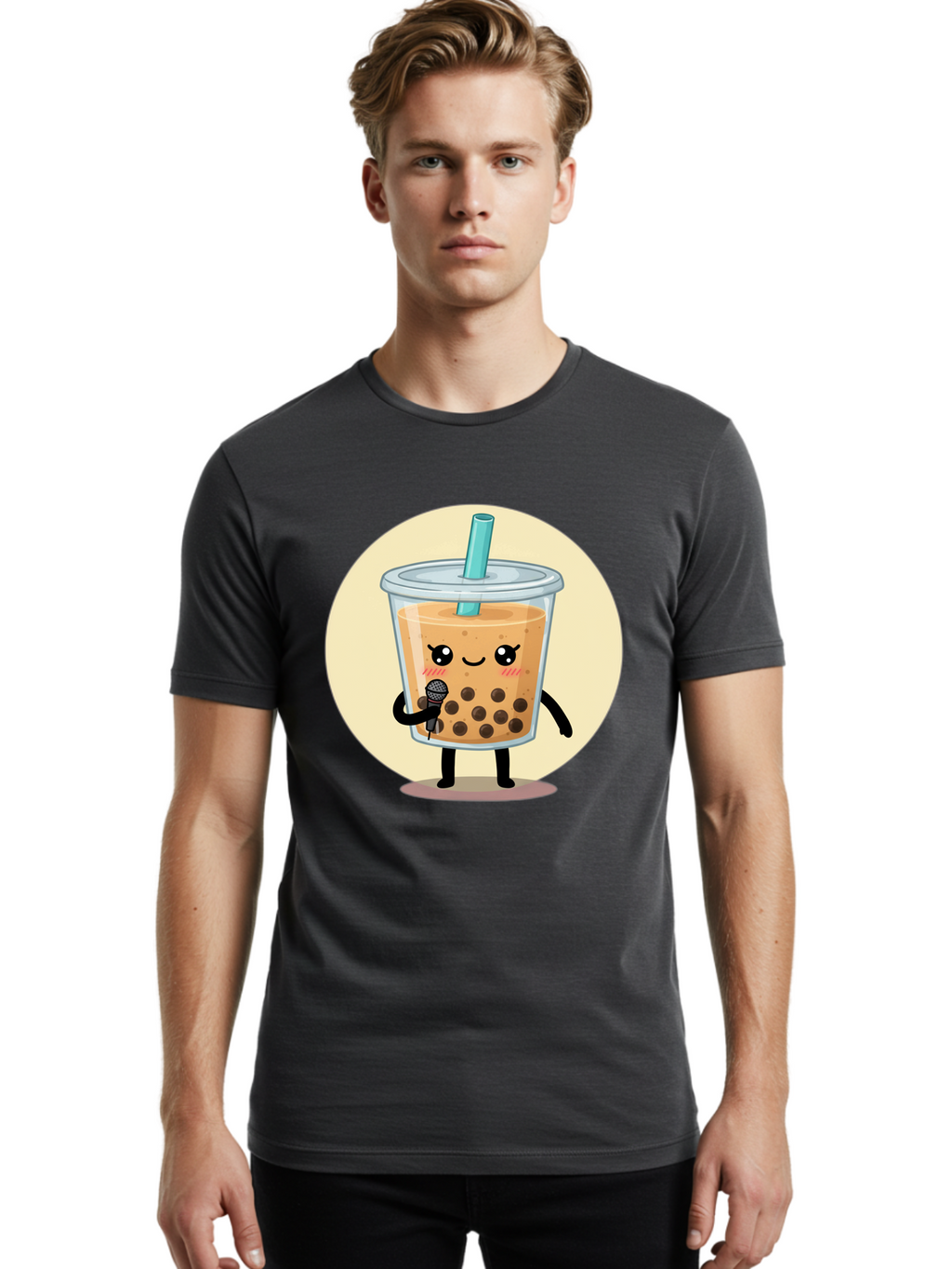 Bubble-Tea-12 Men'S Graphic Tee, 100% Cotton, Comfortable Casual Summer Wear, Machine Washable, Cartoon Bubble Tea, Adorable Character, Kawaii, Cute Illustration, Boba Drink, Microphone, Straw, Charming Personality, Fun Design, Playful Vibe, Bac692