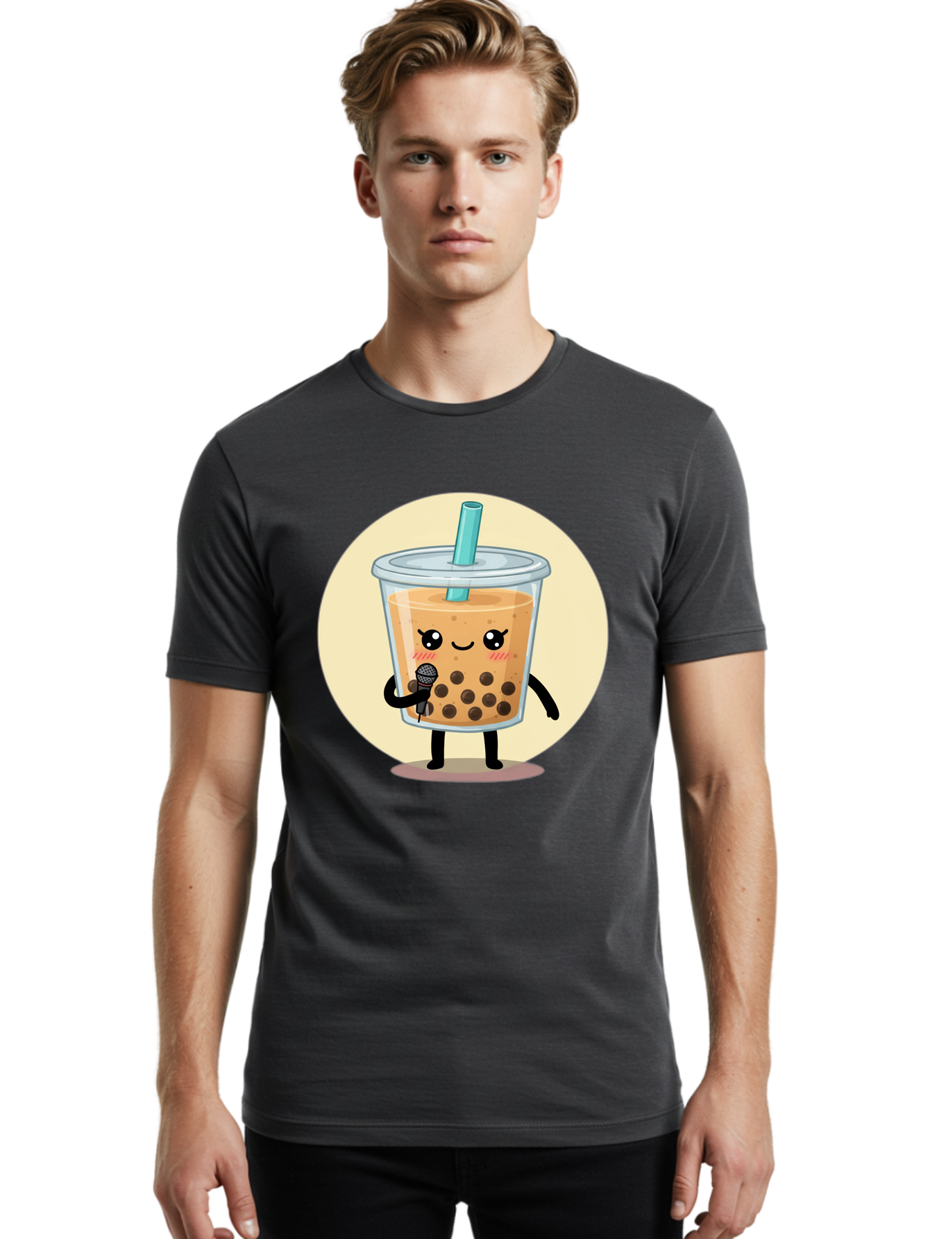 Bubble-Tea-12 Men'S Graphic Tee, 100% Cotton, Comfortable Casual Summer Wear, Machine Washable, Cartoon Bubble Tea, Adorable Character, Kawaii, Cute Illustration, Boba Drink, Microphone, Straw, Charming Personality, Fun Design, Playful Vibe, Bac692